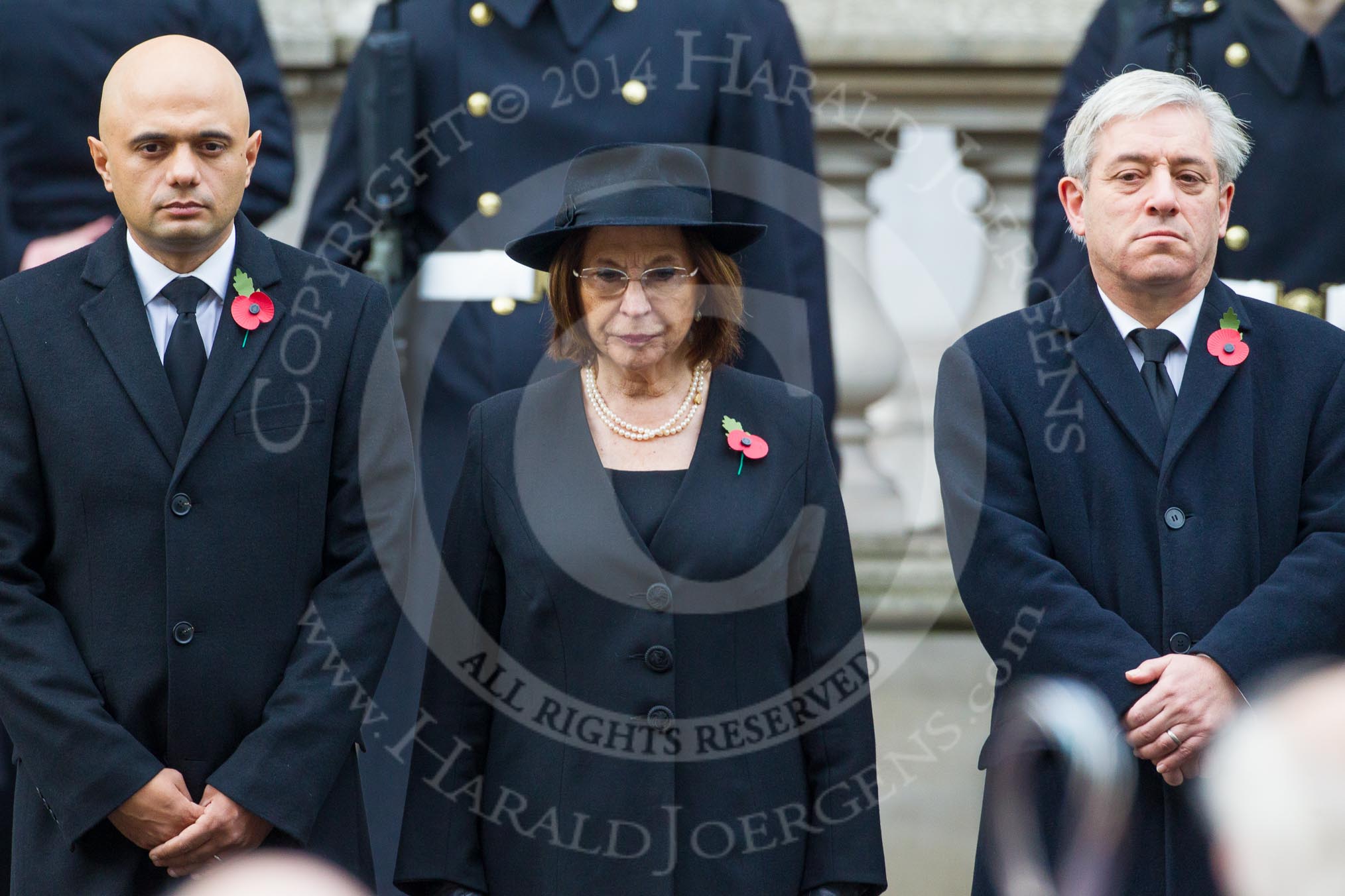 Remembrance Sunday at the Cenotaph in London 2014: Culture Secretary Sajid Javid, the Lord Speaker, Baroness D'Souza, and the Speaker of the House of Commons, John Berkow.
Press stand opposite the Foreign Office building, Whitehall, London SW1,
London,
Greater London,
United Kingdom,
on 09 November 2014 at 11:02, image #162