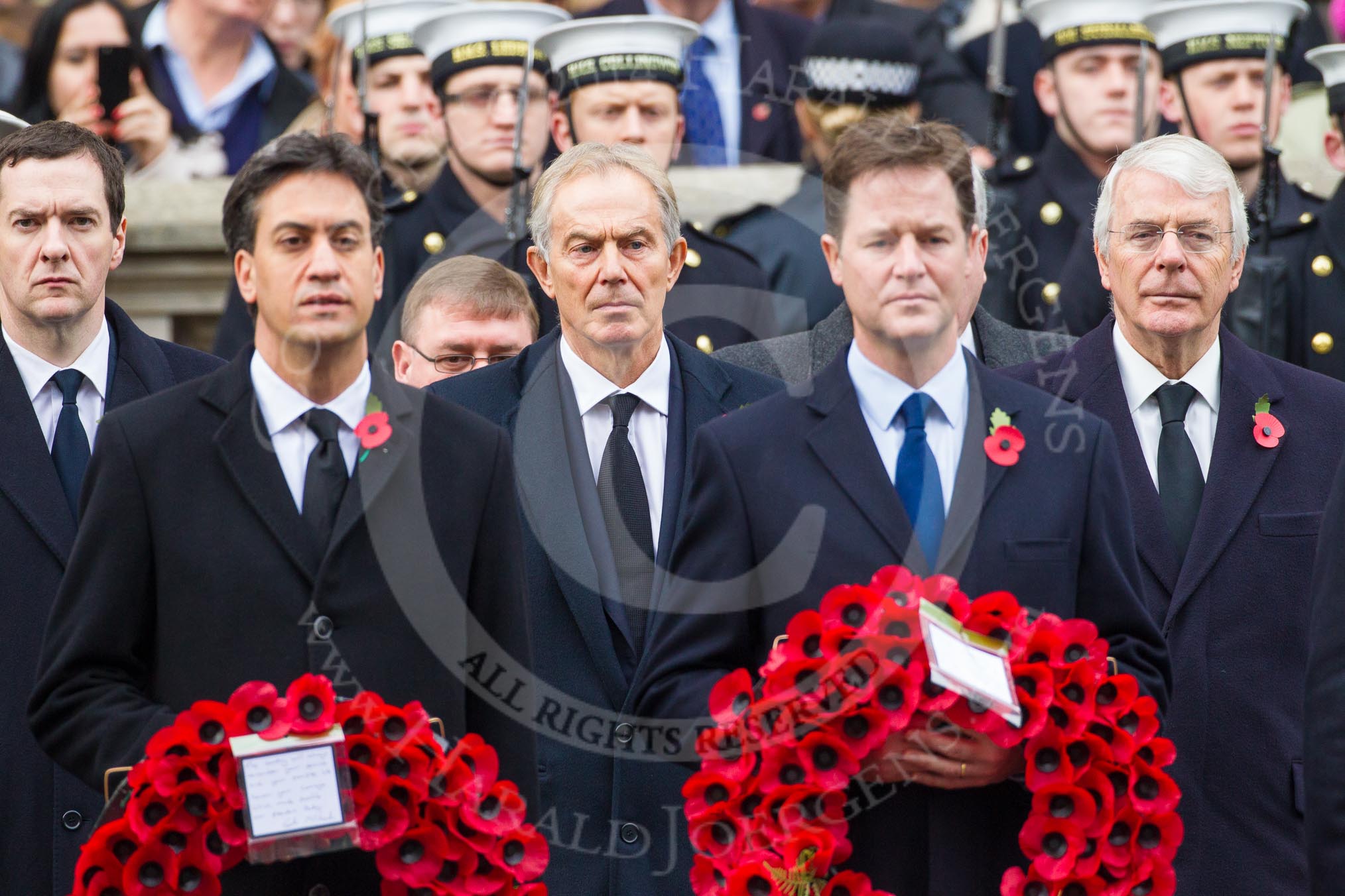 Remembrance Sunday at the Cenotaph in London 2014: Ed Milliband as leader of the opposition, and Nick Clegg as Leader of the Liberal Democrats. Behind them George Osborne and former prime ministers Tony Blair and John Major.
Press stand opposite the Foreign Office building, Whitehall, London SW1,
London,
Greater London,
United Kingdom,
on 09 November 2014 at 11:02, image #167