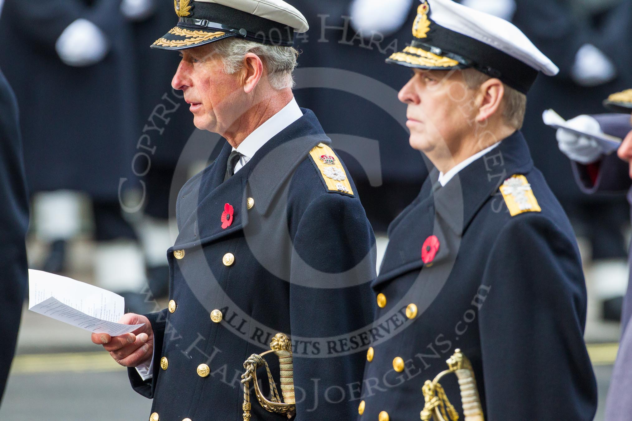 Remembrance Sunday at the Cenotaph in London 2014: HRH The Prince of Wales and HRH The Duke of York singing at the service.
Press stand opposite the Foreign Office building, Whitehall, London SW1,
London,
Greater London,
United Kingdom,
on 09 November 2014 at 11:16, image #268