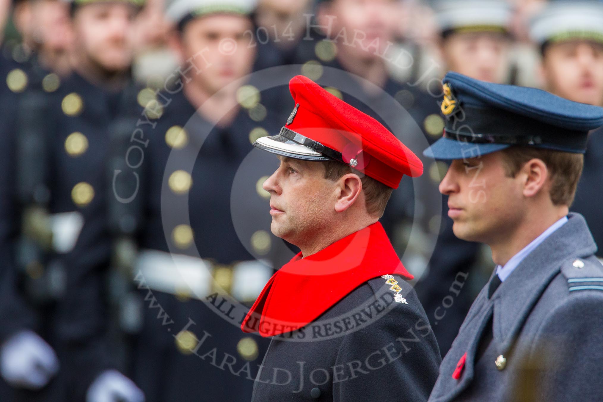 Remembrance Sunday at the Cenotaph in London 2014: HRH The Earl of Wessex and HRH The Duke of Cambridge during the service.
Press stand opposite the Foreign Office building, Whitehall, London SW1,
London,
Greater London,
United Kingdom,
on 09 November 2014 at 11:21, image #290