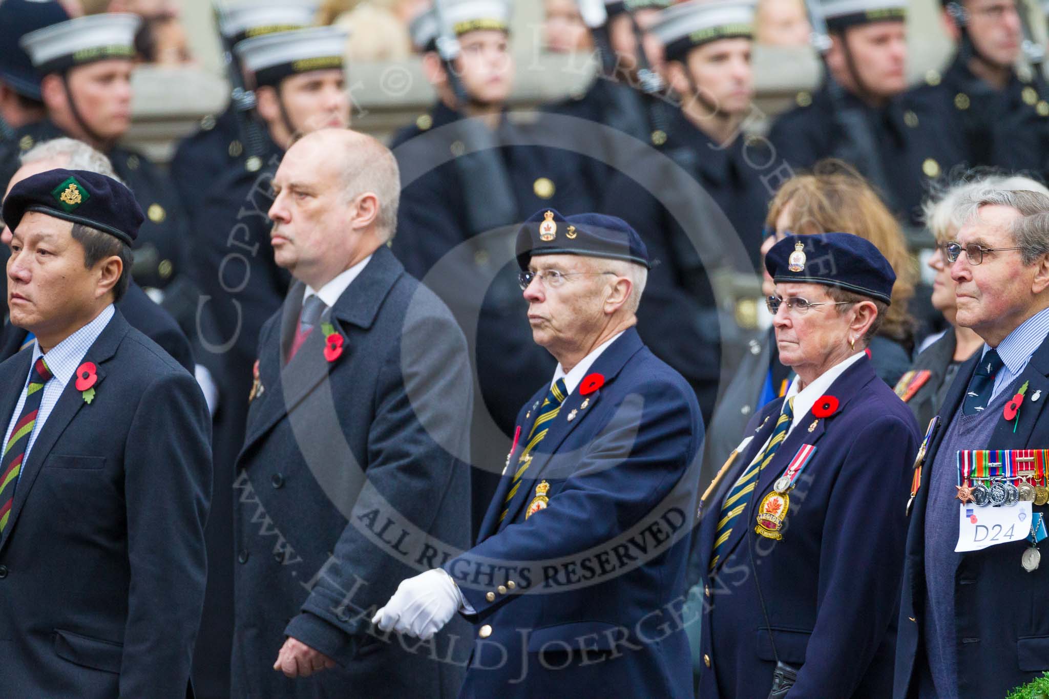 Remembrance Sunday at the Cenotaph 2015: Group D24, Canadian Veterans Association.
Cenotaph, Whitehall, London SW1,
London,
Greater London,
United Kingdom,
on 08 November 2015 at 11:55, image #727