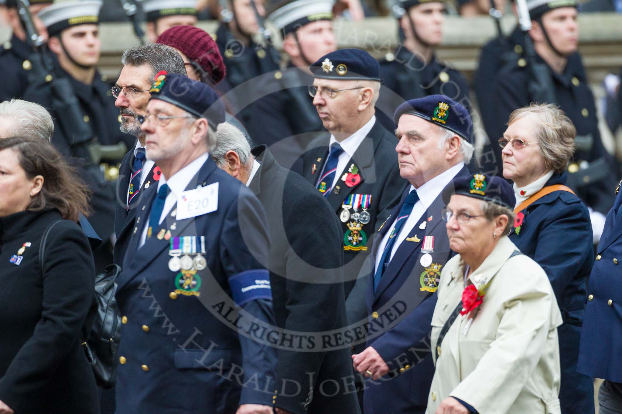 Remembrance Sunday at the Cenotaph 2015: Group E20, Royal Naval Communications Association.
Cenotaph, Whitehall, London SW1,
London,
Greater London,
United Kingdom,
on 08 November 2015 at 12:01, image #915
