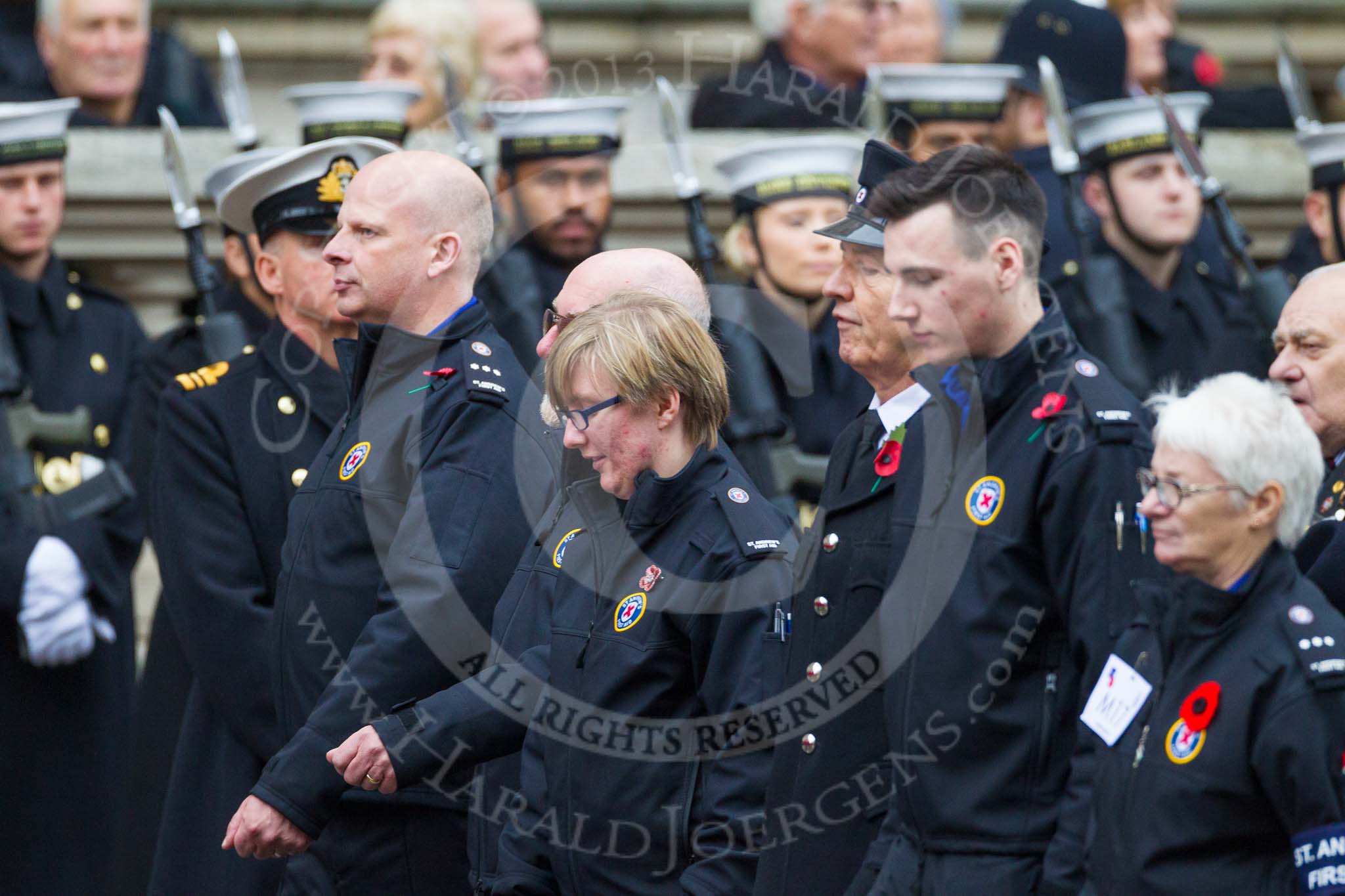 Remembrance Sunday at the Cenotaph 2015: Group M17, St Andrew's Ambulance Association.
Cenotaph, Whitehall, London SW1,
London,
Greater London,
United Kingdom,
on 08 November 2015 at 12:16, image #1516