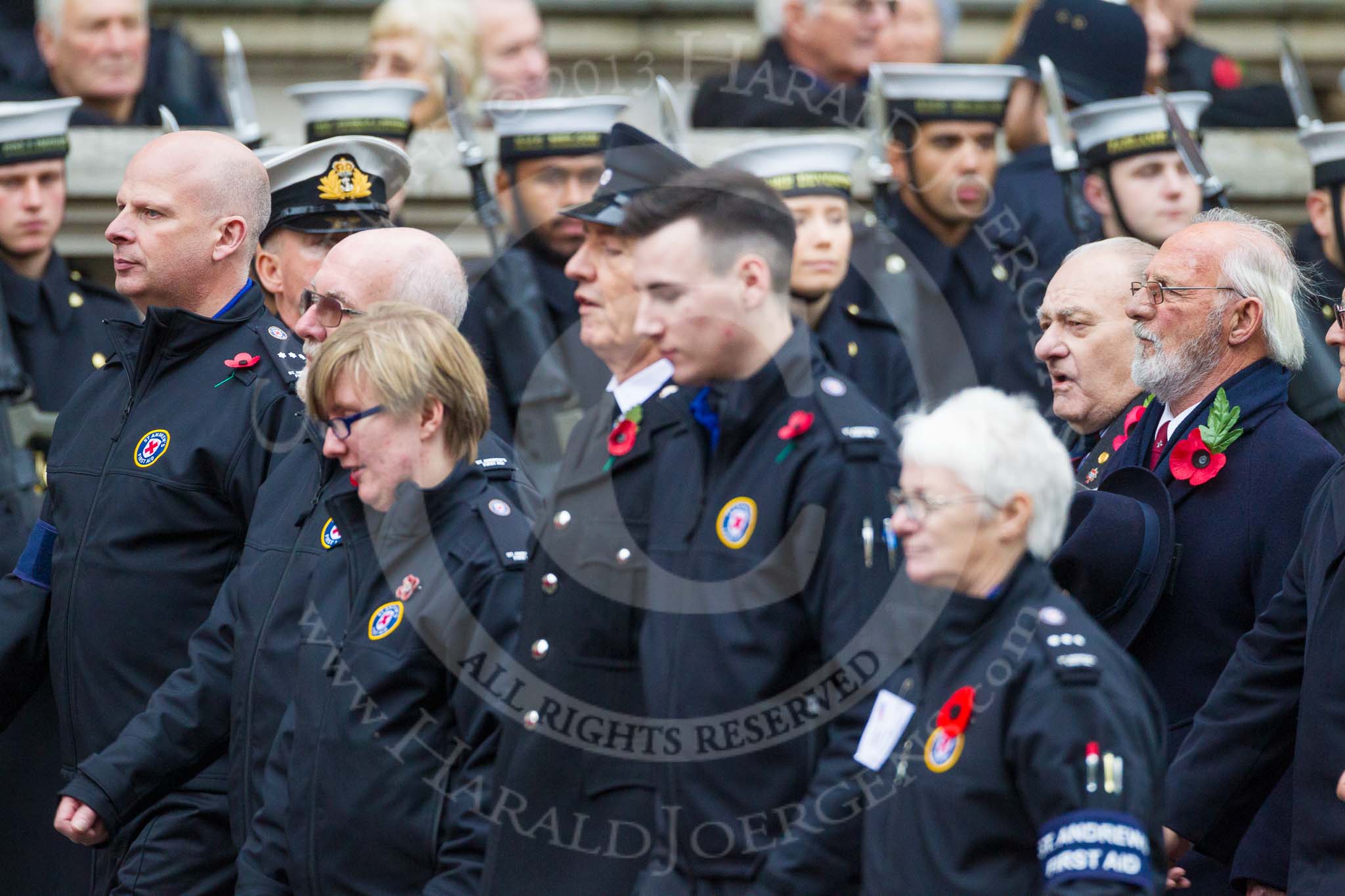 Remembrance Sunday at the Cenotaph 2015: Group M17, St Andrew's Ambulance Association.
Cenotaph, Whitehall, London SW1,
London,
Greater London,
United Kingdom,
on 08 November 2015 at 12:16, image #1517