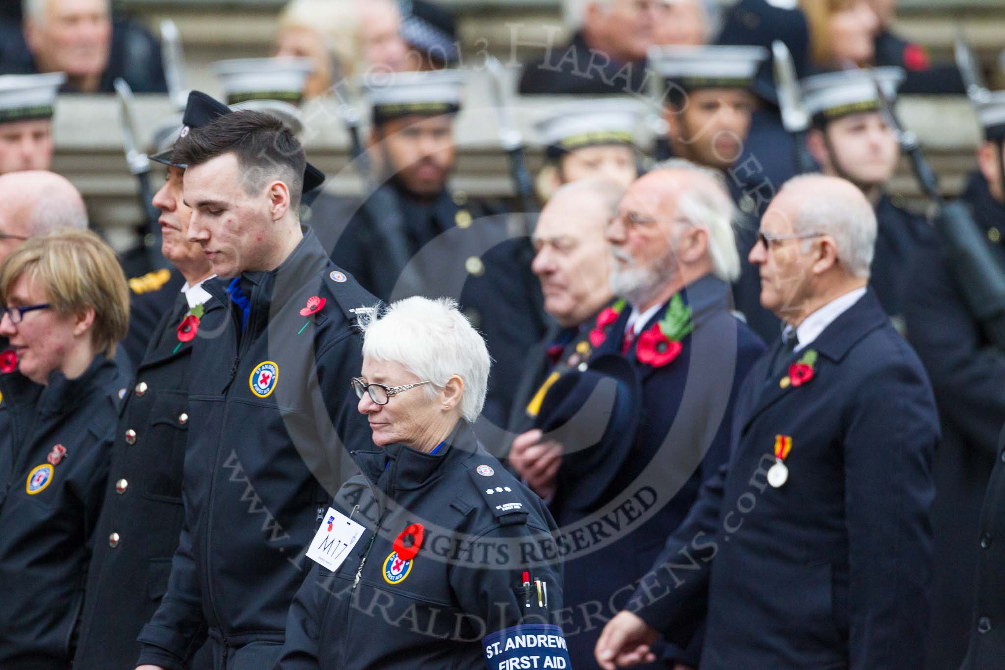 Remembrance Sunday at the Cenotaph 2015: Group M17, St Andrew's Ambulance Association.
Cenotaph, Whitehall, London SW1,
London,
Greater London,
United Kingdom,
on 08 November 2015 at 12:16, image #1518