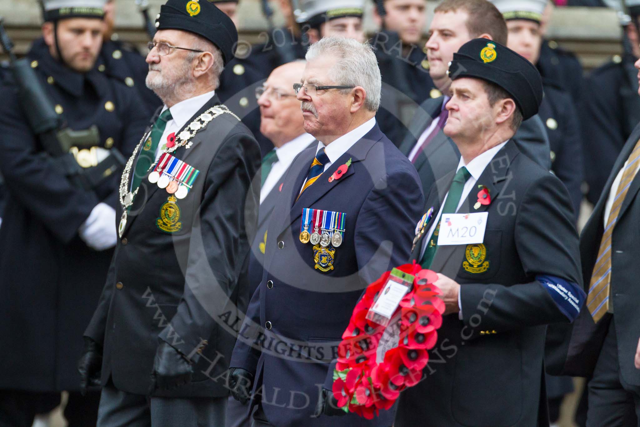 Remembrance Sunday at the Cenotaph 2015: Group M20, Ulster Special Constabulary Association.
Cenotaph, Whitehall, London SW1,
London,
Greater London,
United Kingdom,
on 08 November 2015 at 12:17, image #1538