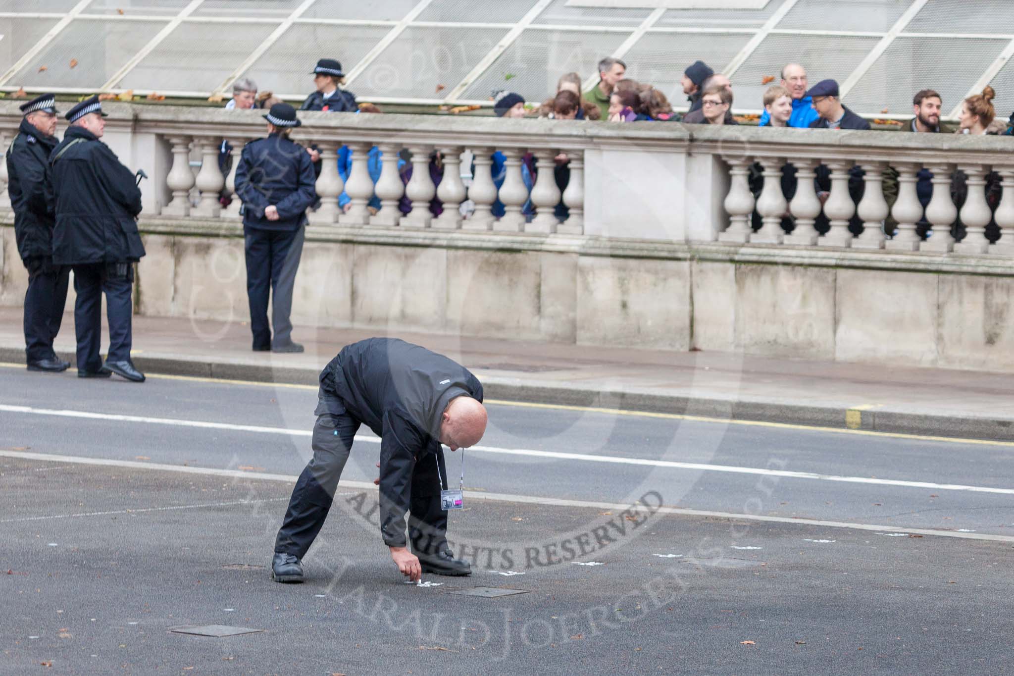 Remembrance Sunday at the Cenotaph 2015: The positions for the High Commissioners around the Cenotaph are chalked on the pavement. Image #5, 08 November 2015 08:54 Whitehall, London, UK
