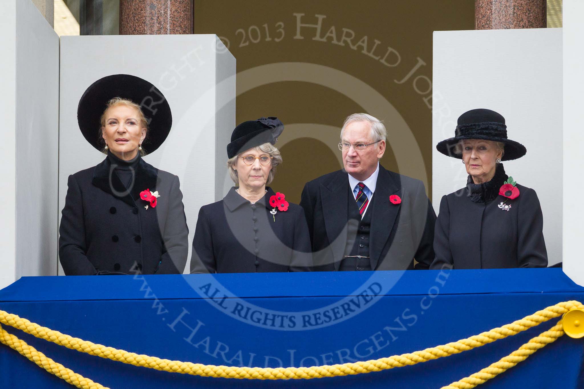 Remembrance Sunday at the Cenotaph 2015: HRH Princess Michael of Kent, THR The Duchess and Duke of Gloucester, and HRH Princess Alexandra, the Hon. Lady Ogilvy,  on the centre balcony of the Foreign- and Commonwealth Office building. Image #121, 08 November 2015 10:58 Whitehall, London, UK