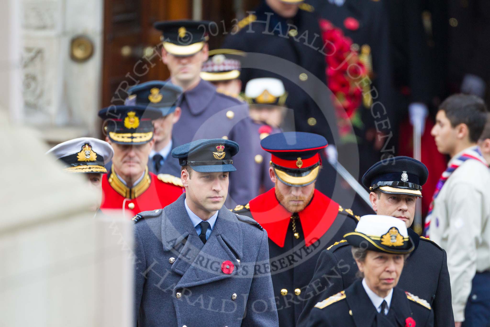 Remembrance Sunday at the Cenotaph 2015: Members of the Royal Family leaving the Foreign- and Commonwealth Office, followed by their equerries. Image #132, 08 November 2015 10:59 Whitehall, London, UK