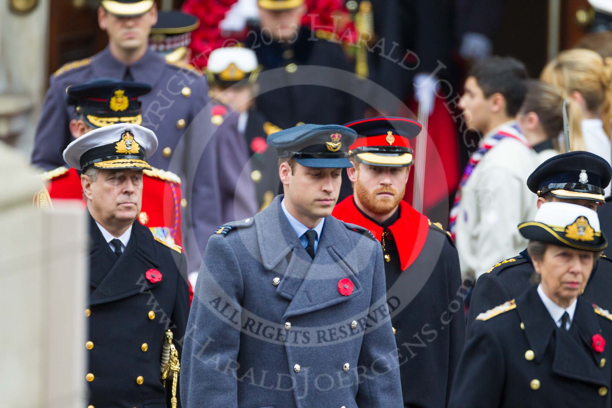 Remembrance Sunday at the Cenotaph 2015: Members of the Royal Family leaving the Foreign- and Commonwealth Office, followed by their equerries. Image #133, 08 November 2015 10:59 Whitehall, London, UK