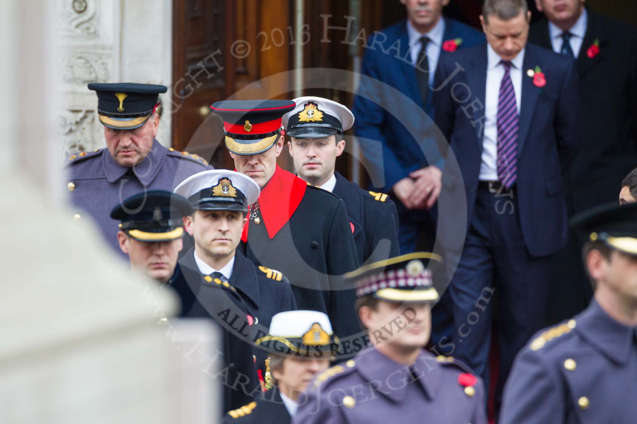 Remembrance Sunday at the Cenotaph 2015: The equerries, carrying the wreaths, leaving tge Foreign- and Commonwealth Office. Image #136, 08 November 2015 10:59 Whitehall, London, UK