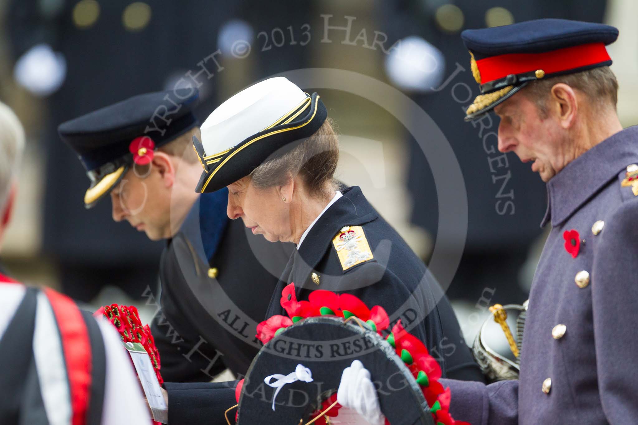 Remembrance Sunday at the Cenotaph 2015: HRH The Duke of Kent, HRH The Princess Royal, and HRH The Earl of Wessex laying their wreaths at the Cenotaph. Image #200, 08 November 2015 11:05 Whitehall, London, UK