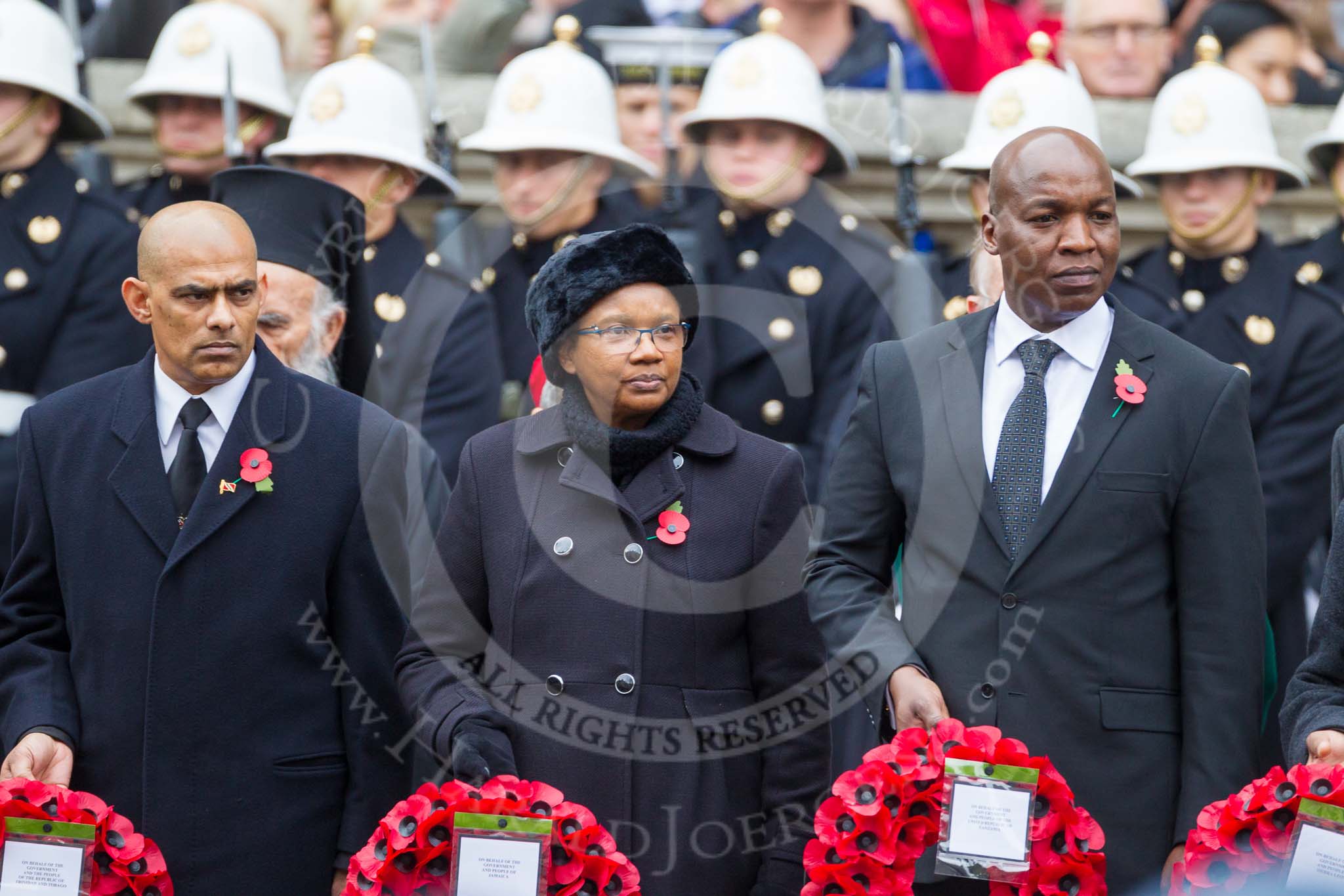 Remembrance Sunday at the Cenotaph 2015: The Acting High Commissioner of Trinidad and Tobago, the Minister Counsellor of Jamaica, and the High Commissioner of Tanzania with their wreaths at the Cenotaph. Image #225, 08 November 2015 11:09 Whitehall, London, UK