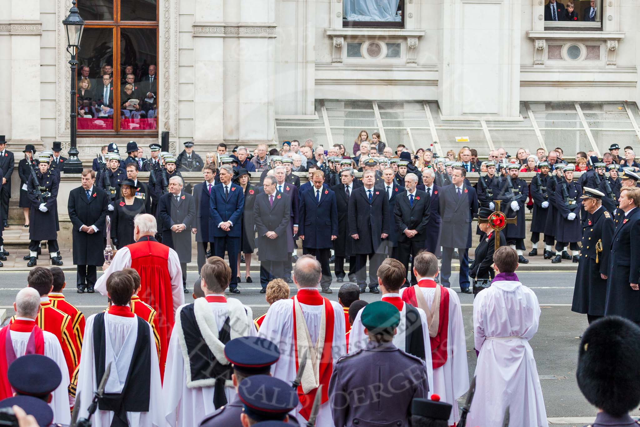 Remembrance Sunday at the Cenotaph 2015: The choir, the politicians, and members of the Royal Family at the Cenotaph as the High Commissioners lay their wreaths. Image #238, 08 November 2015 11:09 Whitehall, London, UK