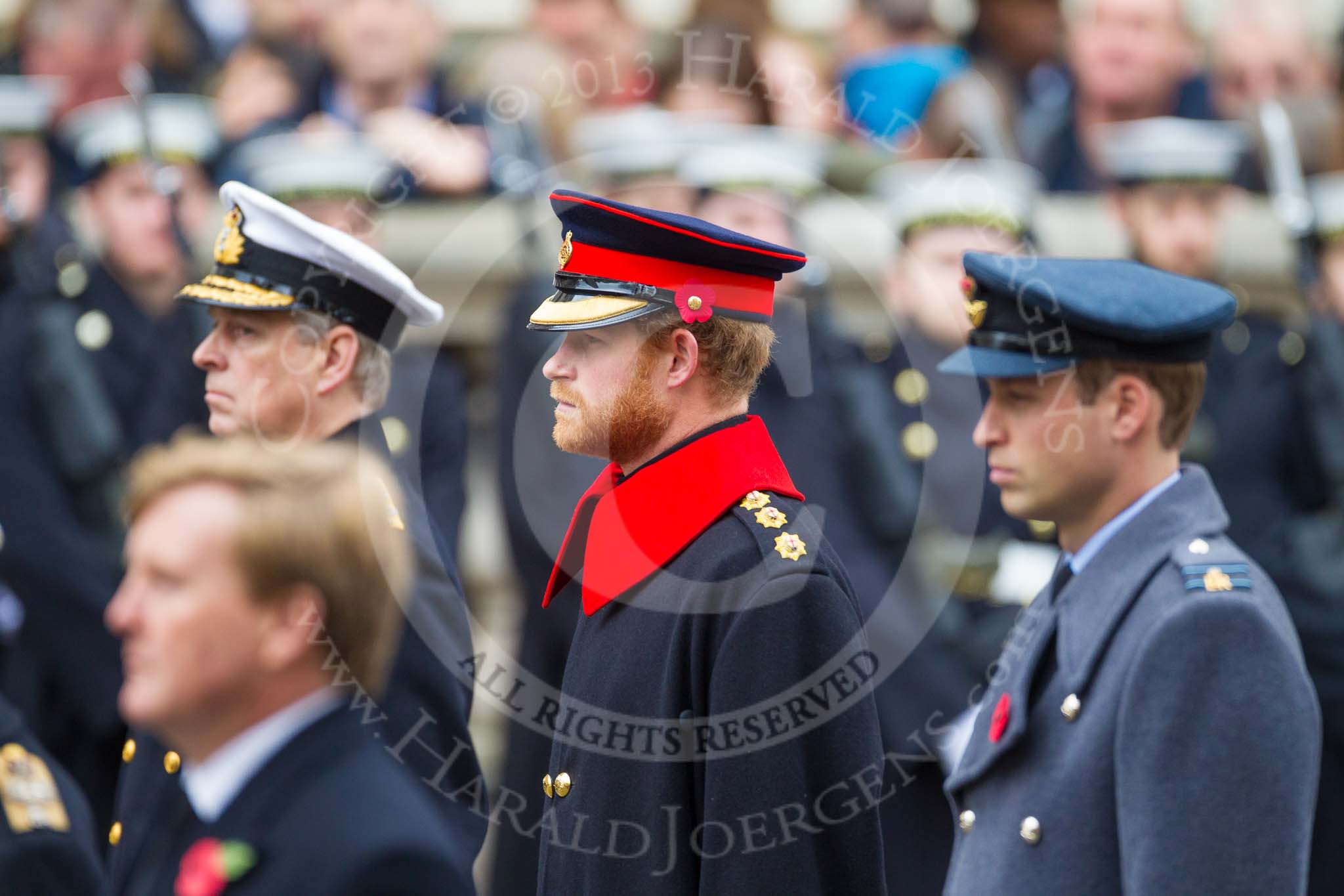 Remembrance Sunday at the Cenotaph 2015: HRH HRH Prince Henry of Wales (Prince Harry) in the uniform of a Captain in the Blues and Royals Household Cavelry Regiment. Next to him HRH The Duke of York and HRH The Duke of Cambridge, in front HM The King of the Netherlands. Image #269, 08 November 2015 11:12 Whitehall, London, UK