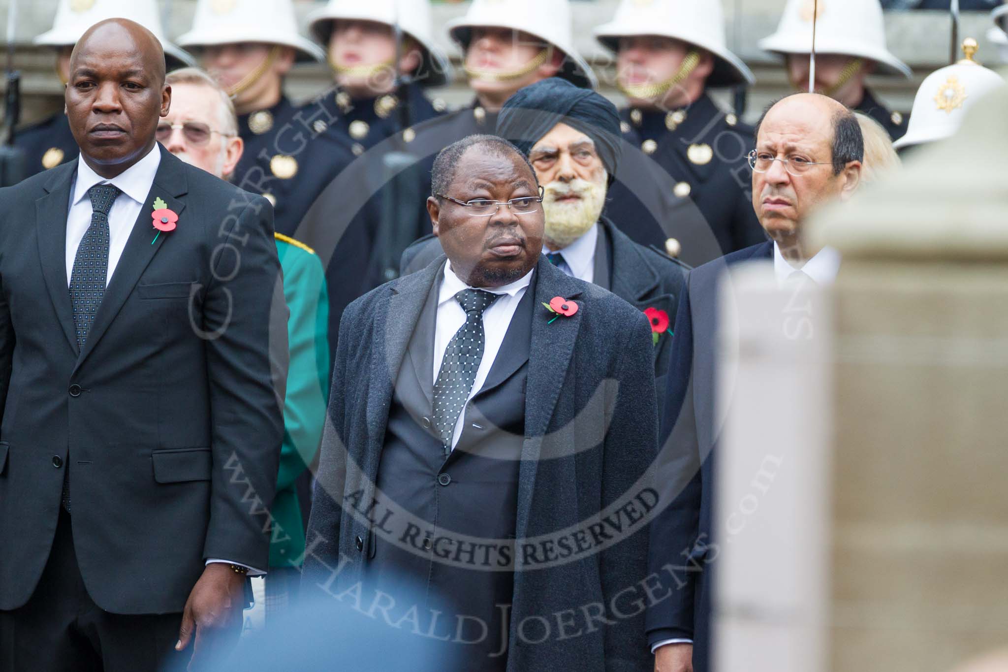 Remembrance Sunday at the Cenotaph 2015: The High Commissioner of Tanzania, the Deputy High Commissioner of Sierra Leone, and the High Commissioner of Cyprus after laying their wreaths at the Cenotaph. Image #312, 08 November 2015 11:19 Whitehall, London, UK