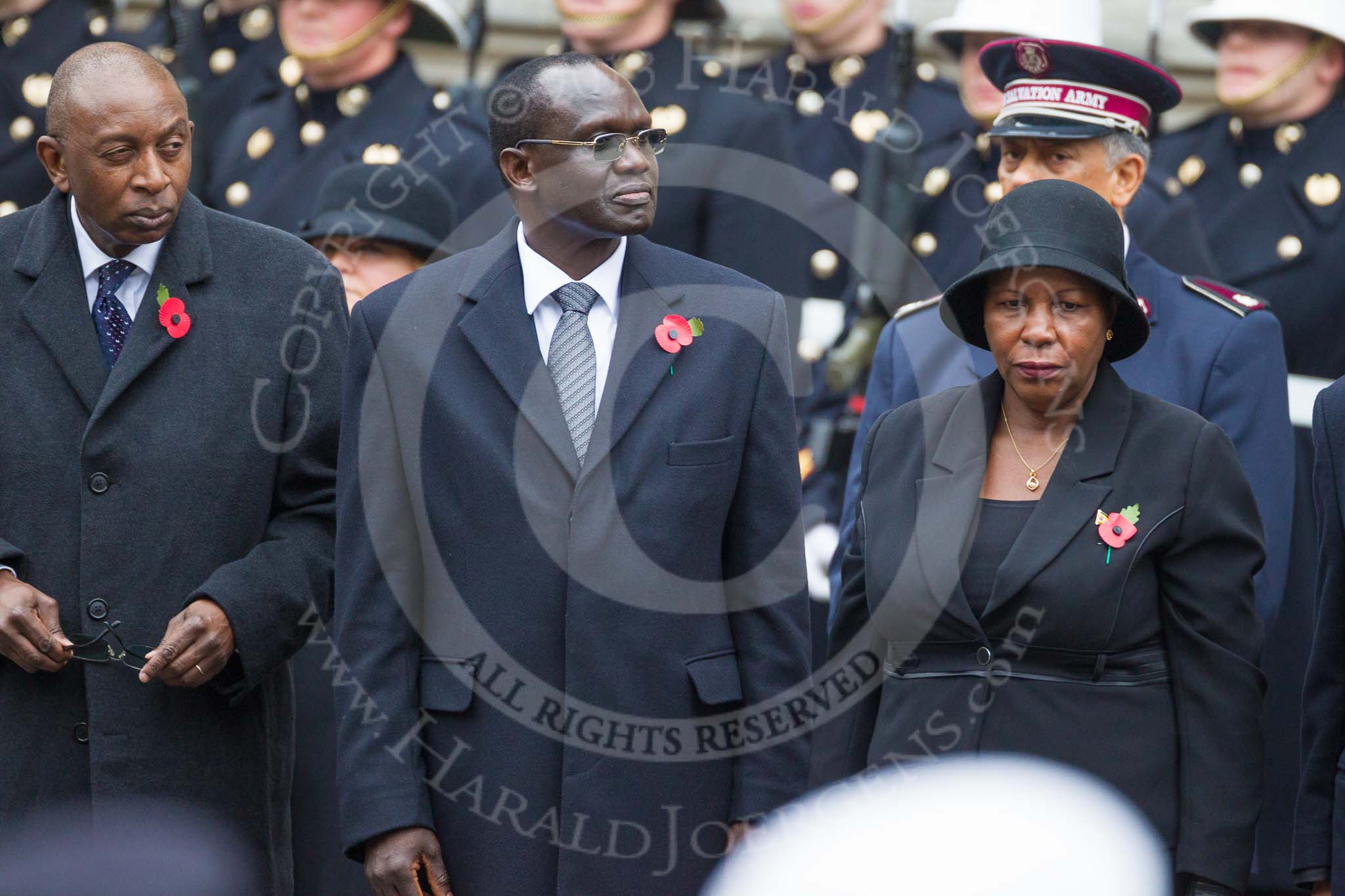 Remembrance Sunday at the Cenotaph 2015: The High Commissioner of Malawi, the High Commissioner of Kenya, and the High Commissioner of Uganda standing the the Cenotaph. Image #315, 08 November 2015 11:19 Whitehall, London, UK