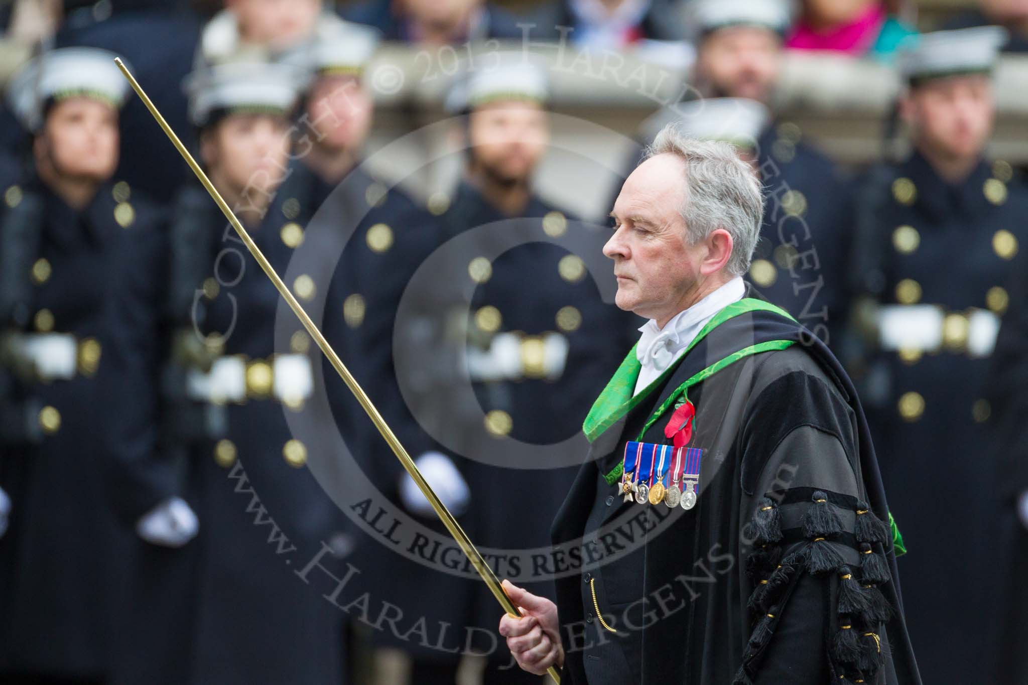 Remembrance Sunday at the Cenotaph 2015: The Serjeant of the Vestry, David Baldwin, on the way back to the Foreign- and Commonwealth Office. Image #319, 08 November 2015 11:20 Whitehall, London, UK