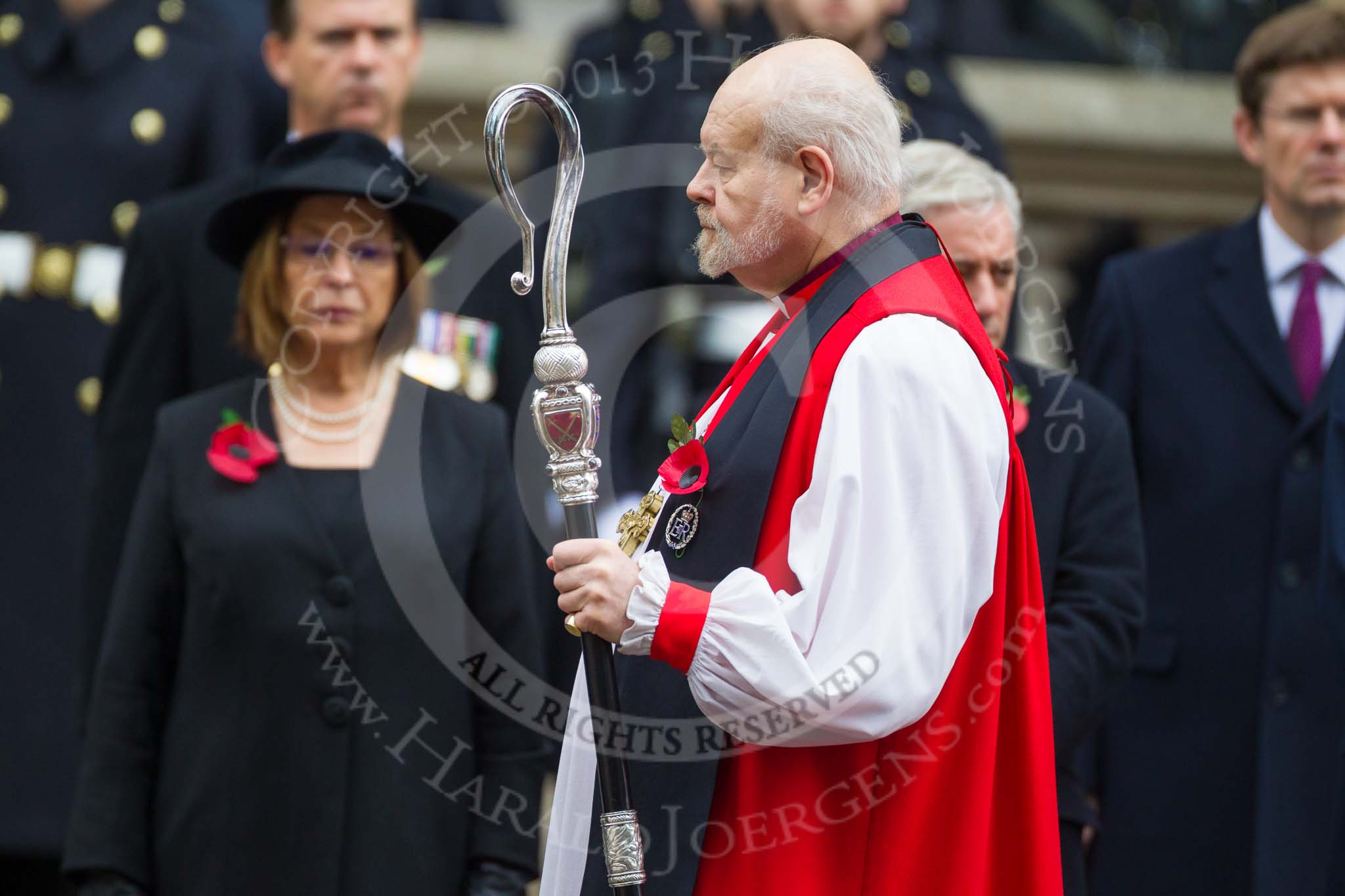 Remembrance Sunday at the Cenotaph 2015: The Dean of HM Chapels Royal and the Lord Bishop of London, The Rt Revd. & the Rt Hon Dr Richard Chartres, on the way back to the Foreign- and Commonwealth Office. Image #320, 08 November 2015 11:21 Whitehall, London, UK