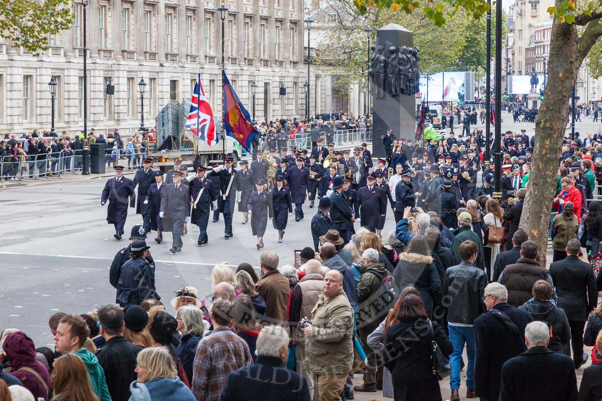 Remembrance Sunday at the Cenotaph 2015: Regent Hall Salvation Army conduct their annual service of Remembrance at the Cenotaph. Regent Hall is the only church on Oxford Street in Central London, they pay their respects, as a local presence, separately from the national representatives that take part in the official March Past. Image #384, 08 November 2015 13:07 Whitehall, London, UK