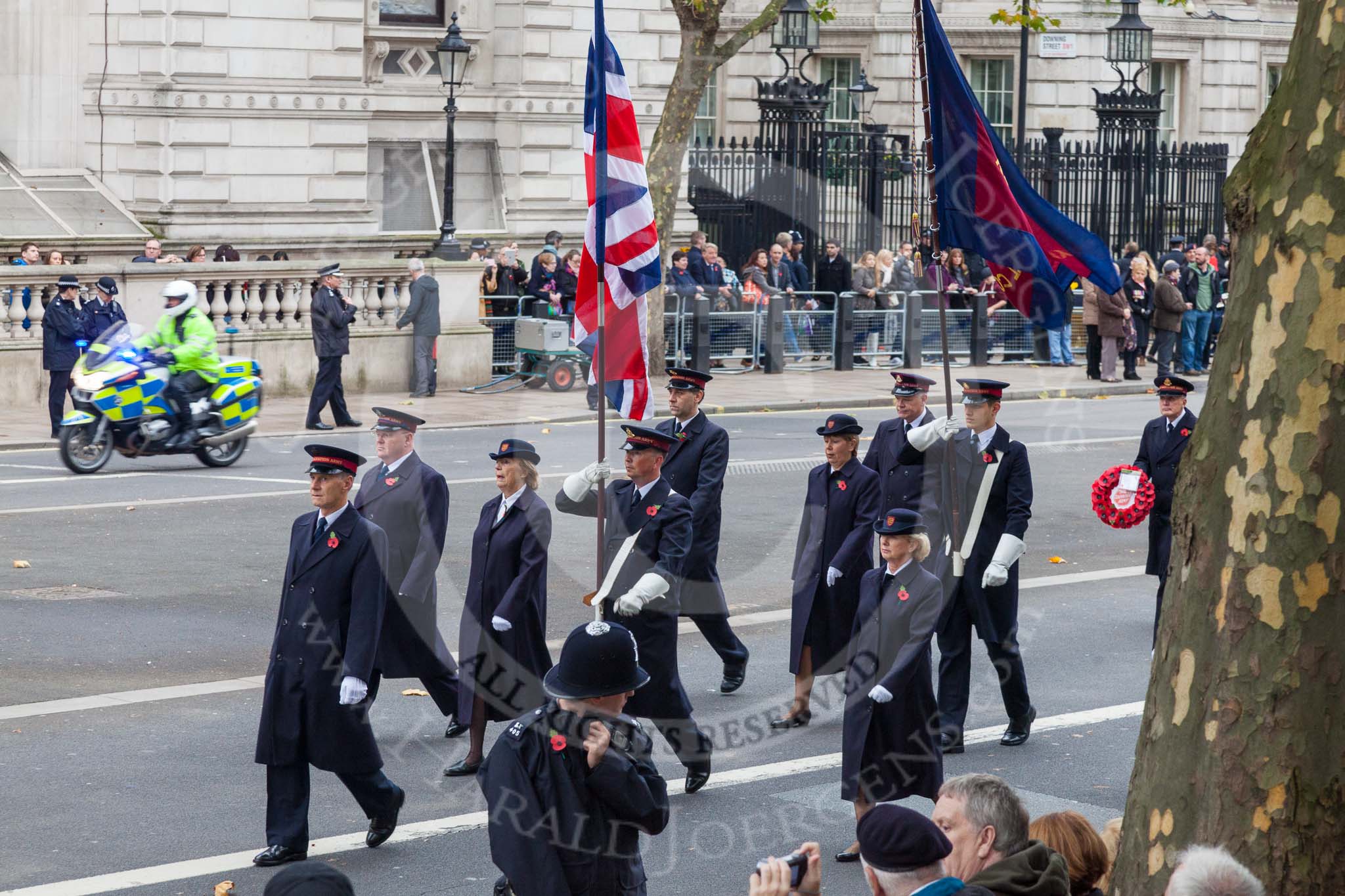 Remembrance Sunday at the Cenotaph 2015: Regent Hall Salvation Army conduct their annual service of Remembrance at the Cenotaph. Regent Hall is the only church on Oxford Street in Central London, they pay their respects, as a local presence, separately from the national representatives that take part in the official March Past. Image #385, 08 November 2015 13:07 Whitehall, London, UK