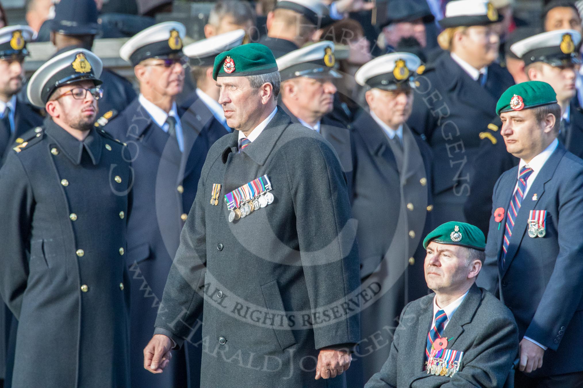 The Royal Marines Association  (Group E2, 59 members) during the Royal British Legion March Past on Remembrance Sunday at the Cenotaph, Whitehall, Westminster, London, 11 November 2018, 11:41.