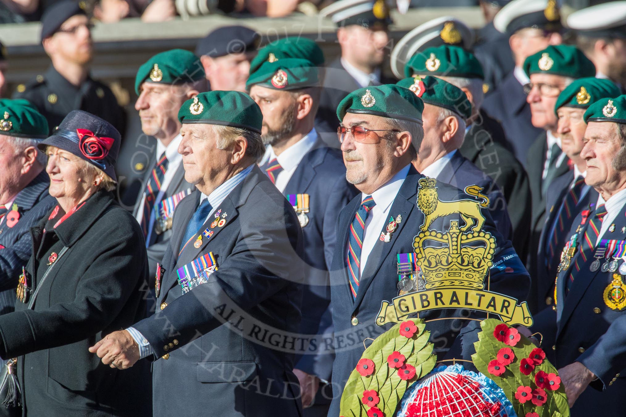 The Royal Marines Association  (Group E2, 59 members) during the Royal British Legion March Past on Remembrance Sunday at the Cenotaph, Whitehall, Westminster, London, 11 November 2018, 11:41.