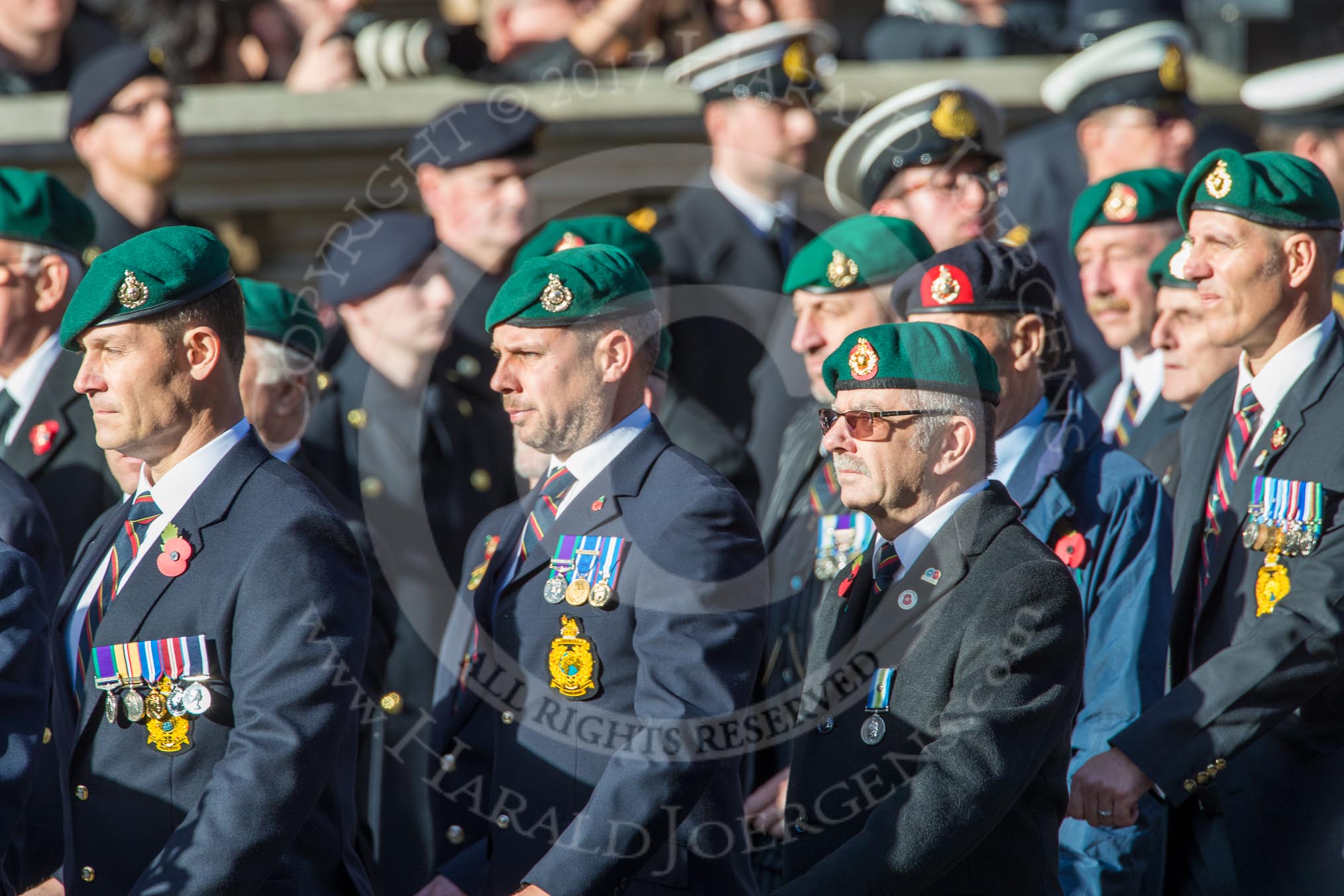 The Royal Marines Association  (Group E2, 59 members) during the Royal British Legion March Past on Remembrance Sunday at the Cenotaph, Whitehall, Westminster, London, 11 November 2018, 11:41.