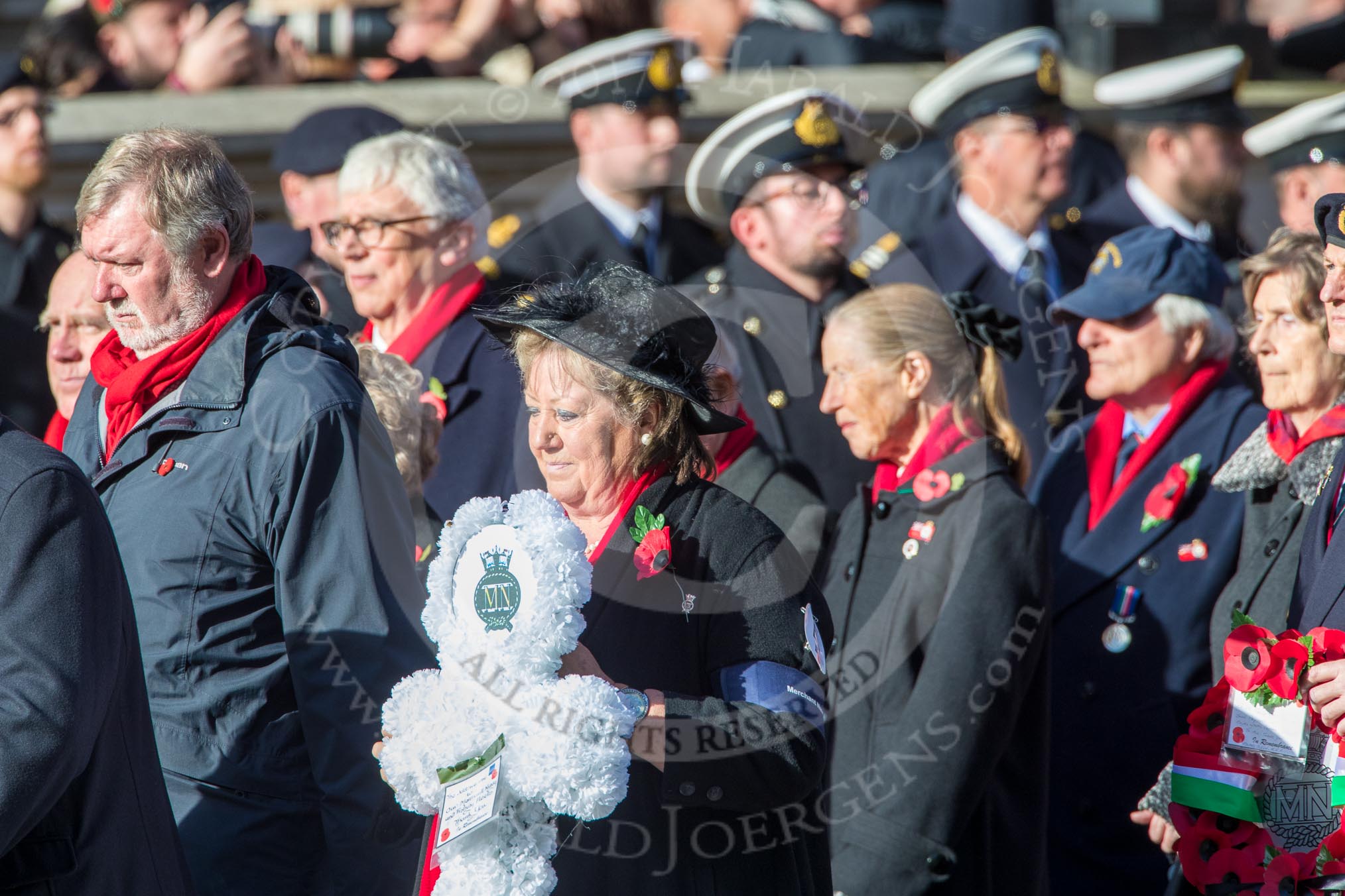 Merchant Navy Association  (Group E3, 40 members) during the Royal British Legion March Past on Remembrance Sunday at the Cenotaph, Whitehall, Westminster, London, 11 November 2018, 11:41.