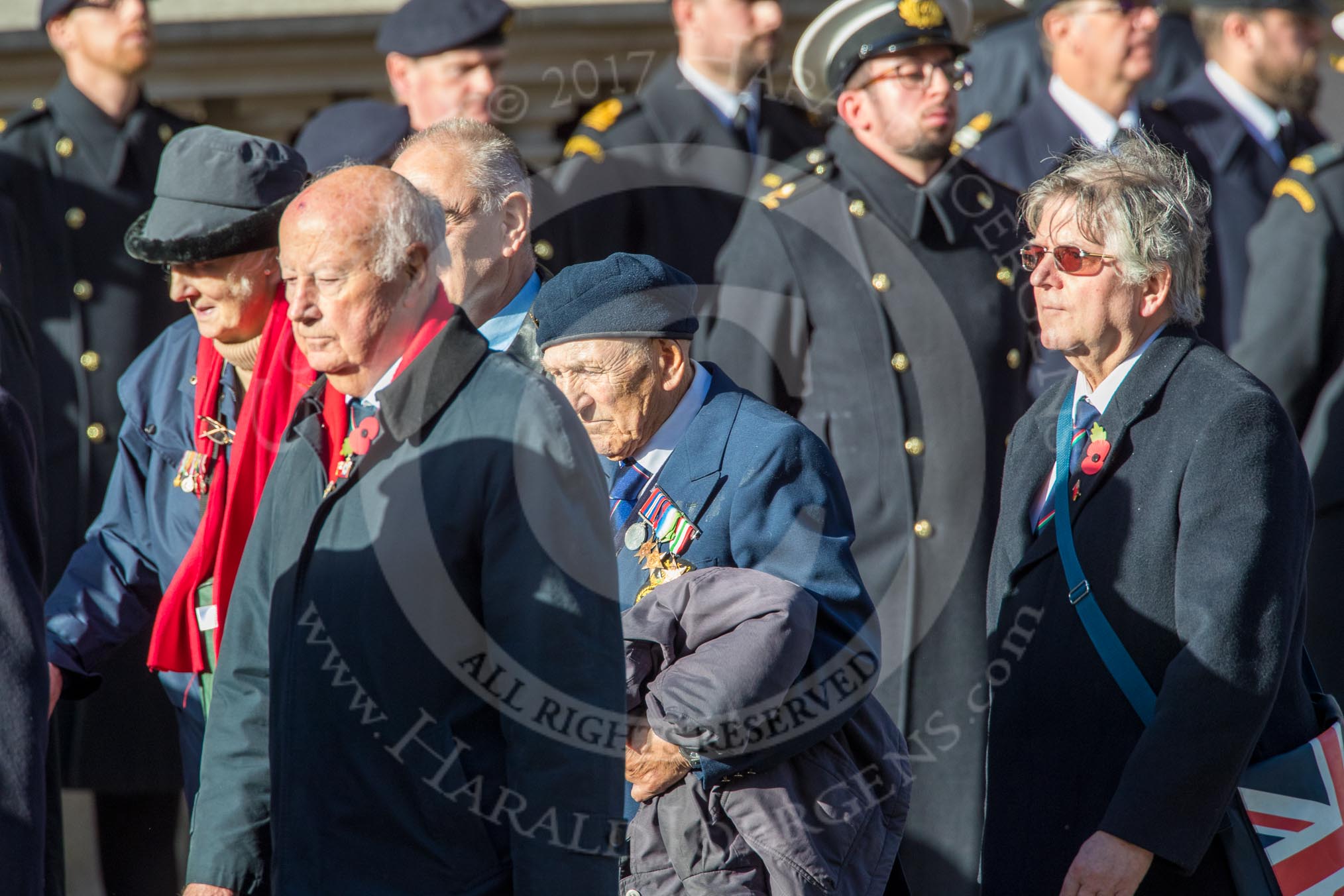 Merchant Navy Association  (Group E3, 40 members) during the Royal British Legion March Past on Remembrance Sunday at the Cenotaph, Whitehall, Westminster, London, 11 November 2018, 11:42.