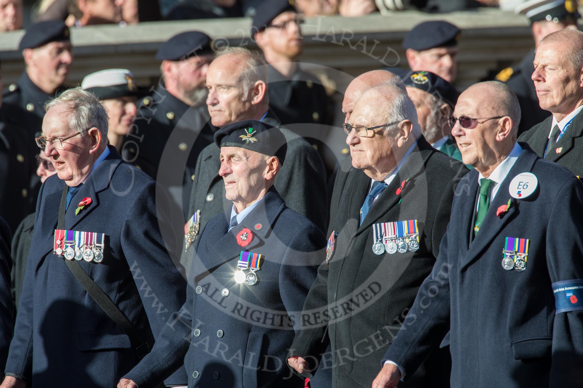 Fleet Air Arm Armourers Association  (Group E6, 27 members) during the Royal British Legion March Past on Remembrance Sunday at the Cenotaph, Whitehall, Westminster, London, 11 November 2018, 11:42.