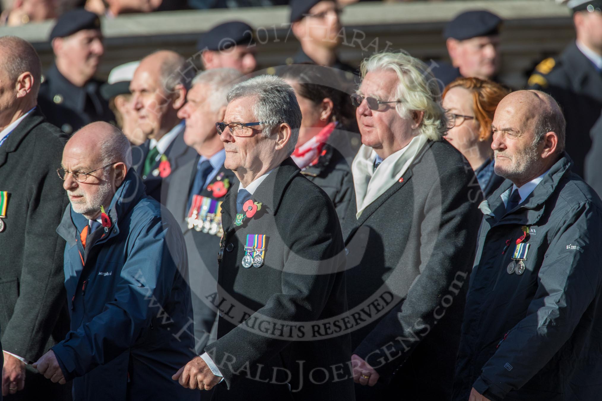 Fleet Air Arm Armourers Association  (Group E6, 27 members) during the Royal British Legion March Past on Remembrance Sunday at the Cenotaph, Whitehall, Westminster, London, 11 November 2018, 11:42.