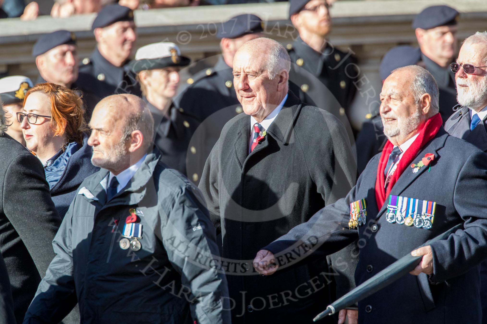 Fleet Air Arm Armourers Association  (Group E6, 27 members) during the Royal British Legion March Past on Remembrance Sunday at the Cenotaph, Whitehall, Westminster, London, 11 November 2018, 11:42.