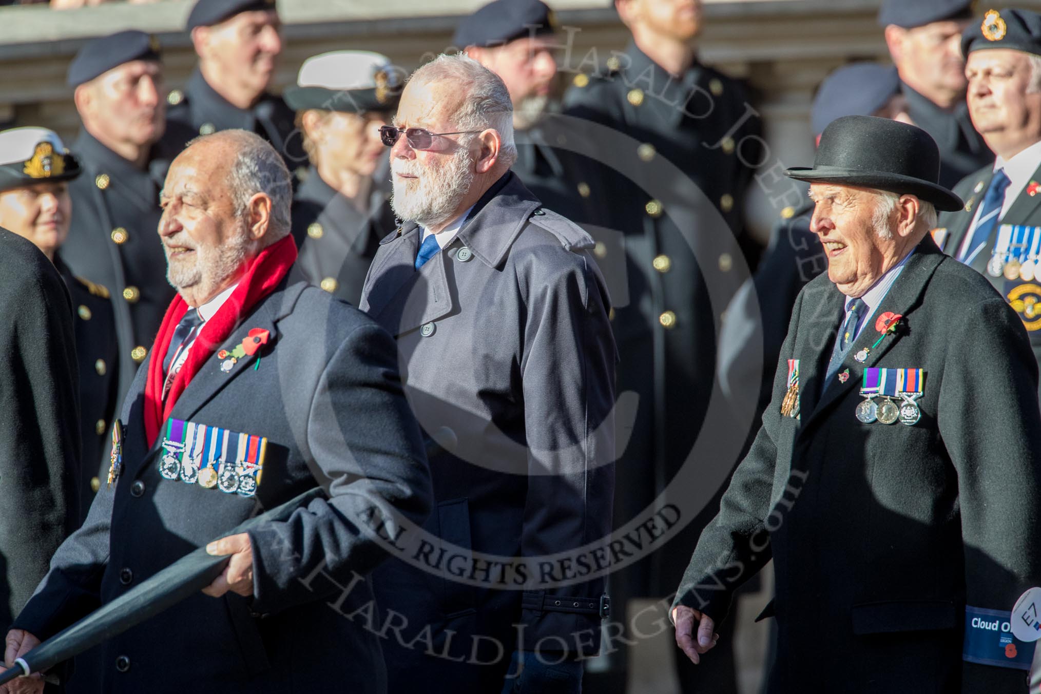 Cloud Observers (Group E7, 3 members) during the Royal British Legion March Past on Remembrance Sunday at the Cenotaph, Whitehall, Westminster, London, 11 November 2018, 11:42.