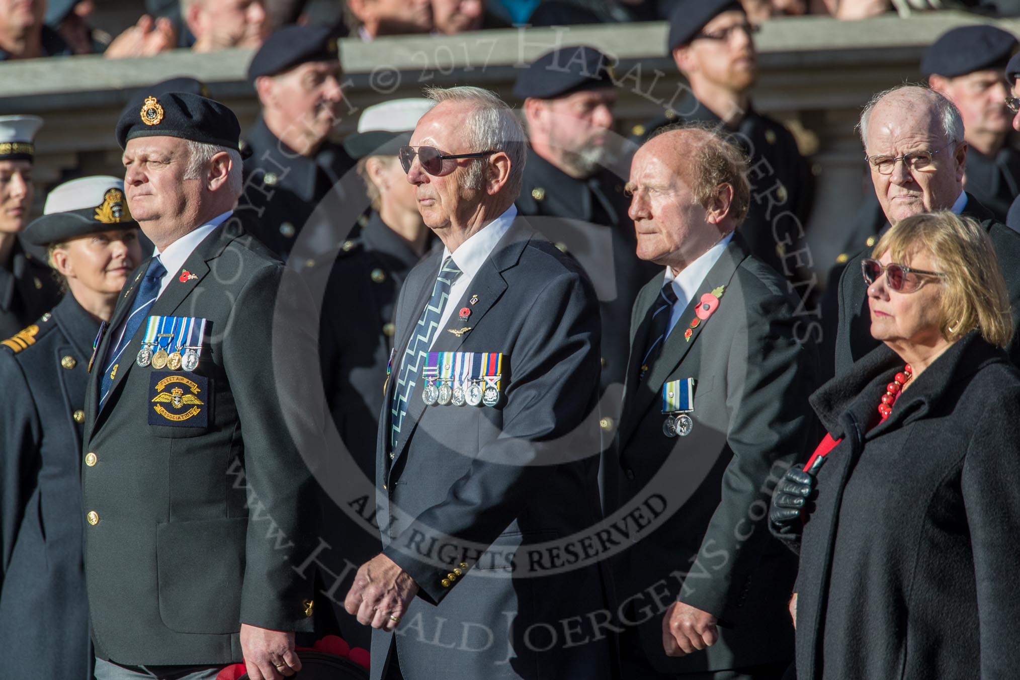 Fleet Air Arm Association  (Group E8, 5 members) during the Royal British Legion March Past on Remembrance Sunday at the Cenotaph, Whitehall, Westminster, London, 11 November 2018, 11:42.