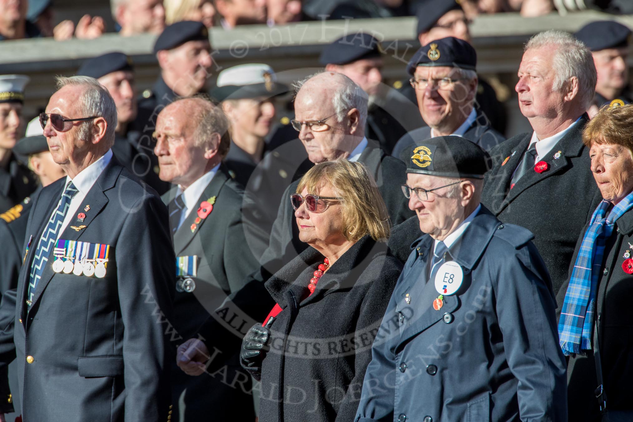 Fleet Air Arm Association  (Group E8, 5 members) during the Royal British Legion March Past on Remembrance Sunday at the Cenotaph, Whitehall, Westminster, London, 11 November 2018, 11:42.