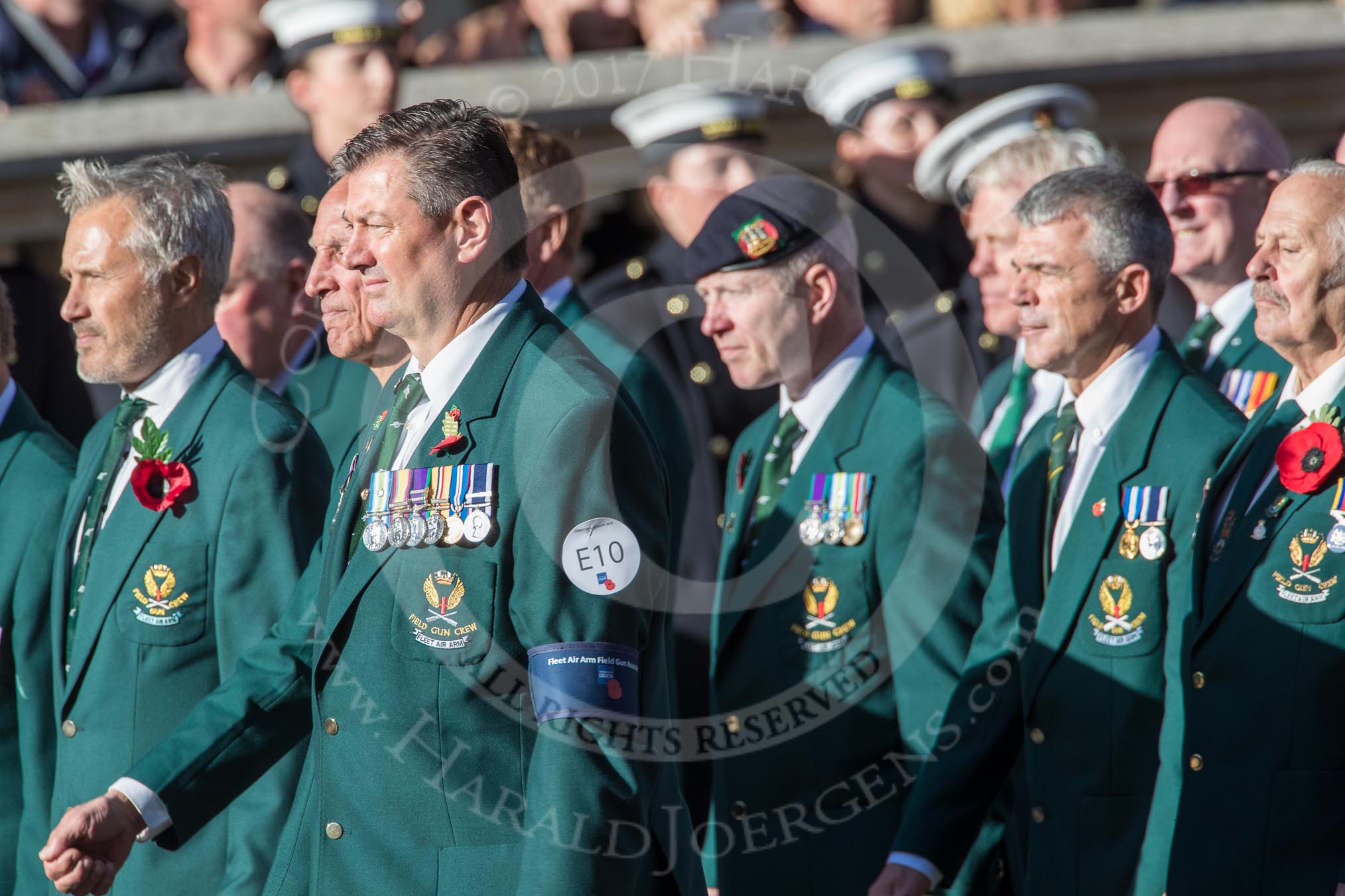 Fleet Air Arm Field Gun Association  (Group E10, 36 members) during the Royal British Legion March Past on Remembrance Sunday at the Cenotaph, Whitehall, Westminster, London, 11 November 2018, 11:42.