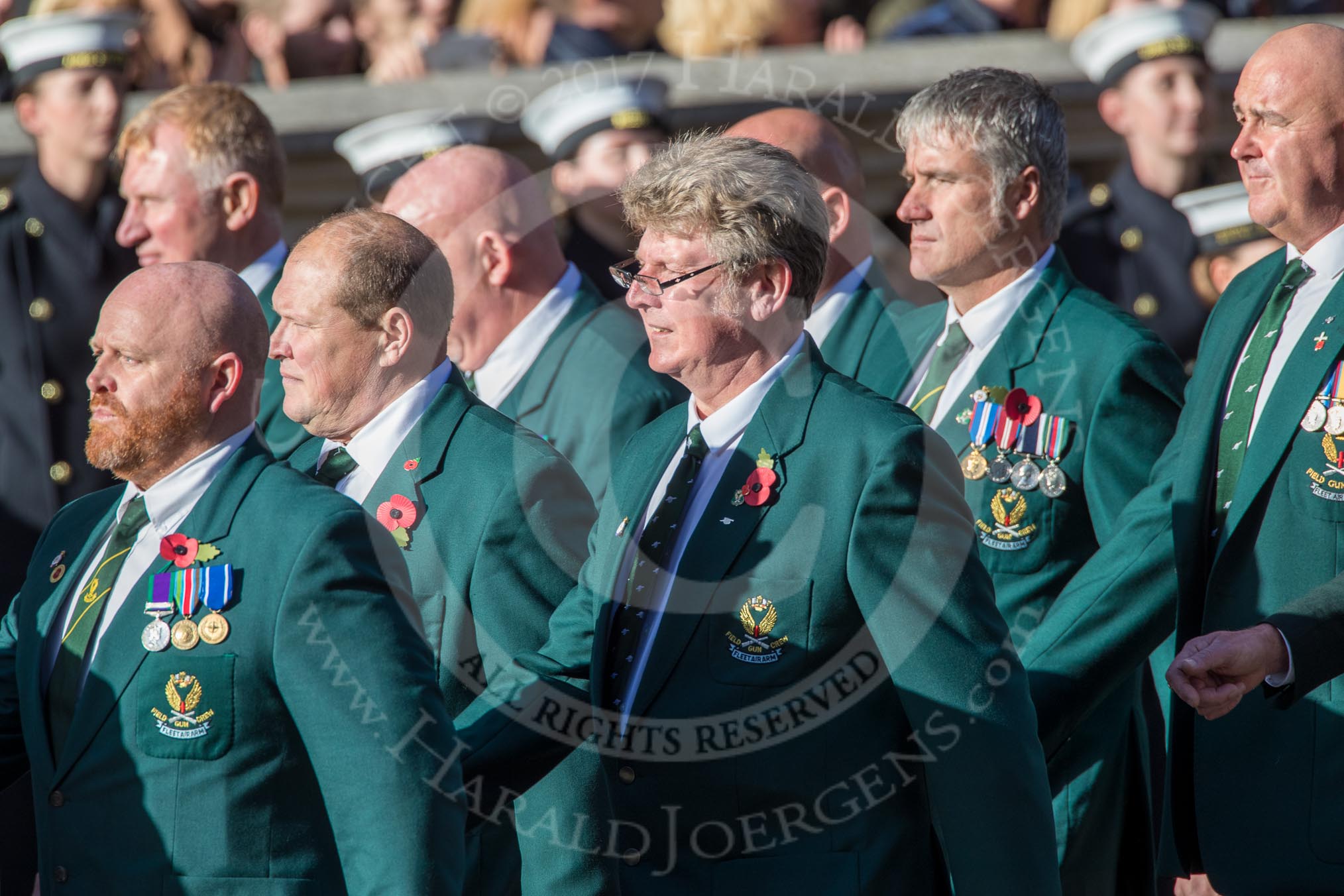 Fleet Air Arm Field Gun Association  (Group E10, 36 members) during the Royal British Legion March Past on Remembrance Sunday at the Cenotaph, Whitehall, Westminster, London, 11 November 2018, 11:43.