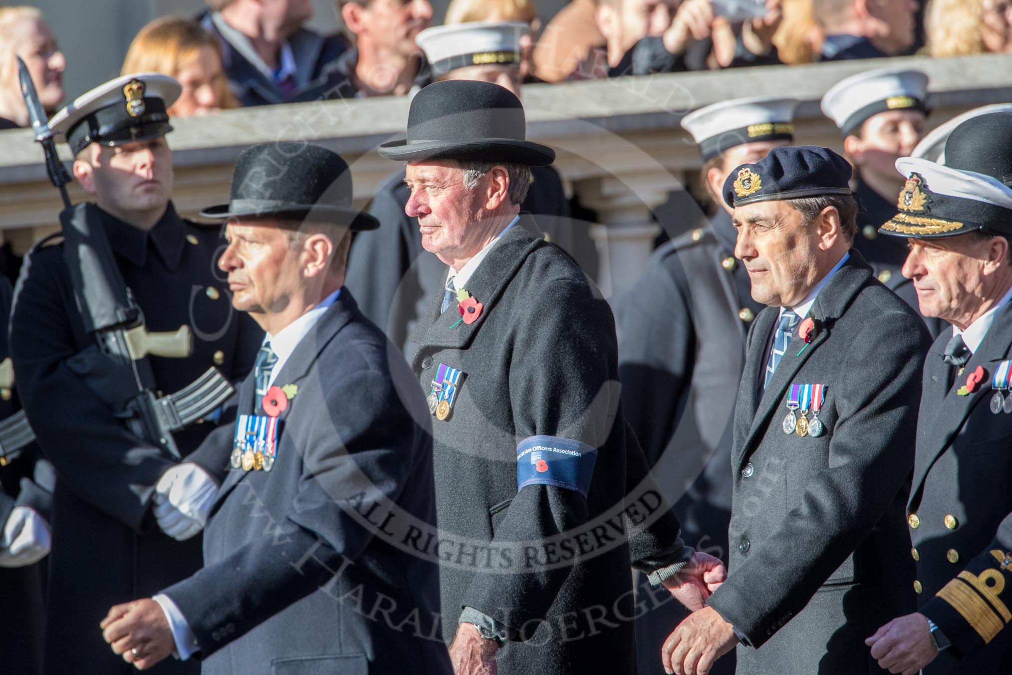 Fleet Air Arm Officers' Association  (Group E11, 22 members) during the Royal British Legion March Past on Remembrance Sunday at the Cenotaph, Whitehall, Westminster, London, 11 November 2018, 11:43.