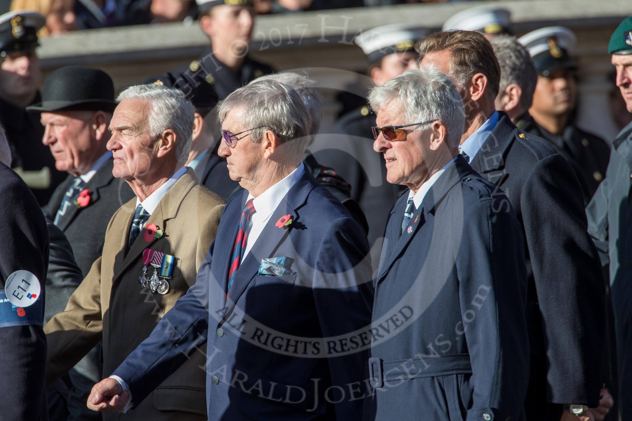 Fleet Air Arm Officers' Association  (Group E11, 22 members) during the Royal British Legion March Past on Remembrance Sunday at the Cenotaph, Whitehall, Westminster, London, 11 November 2018, 11:43.