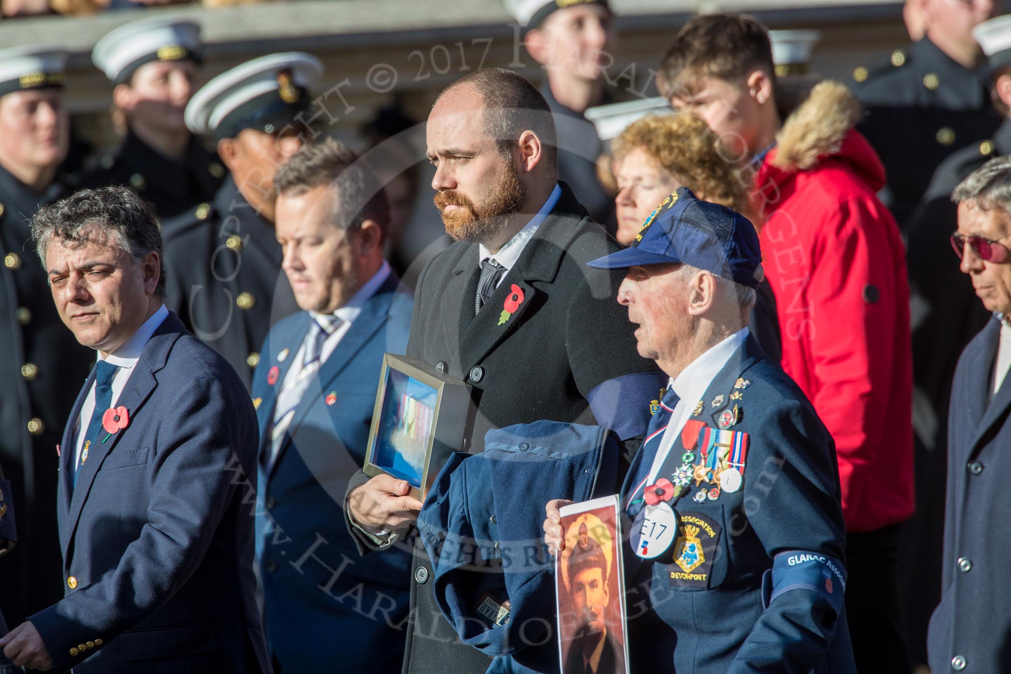 HMS Glorious, Ardent & Acasta Association  (GLARAC) Association (Group E17, 27 members) during the Royal British Legion March Past on Remembrance Sunday at the Cenotaph, Whitehall, Westminster, London, 11 November 2018, 11:43.