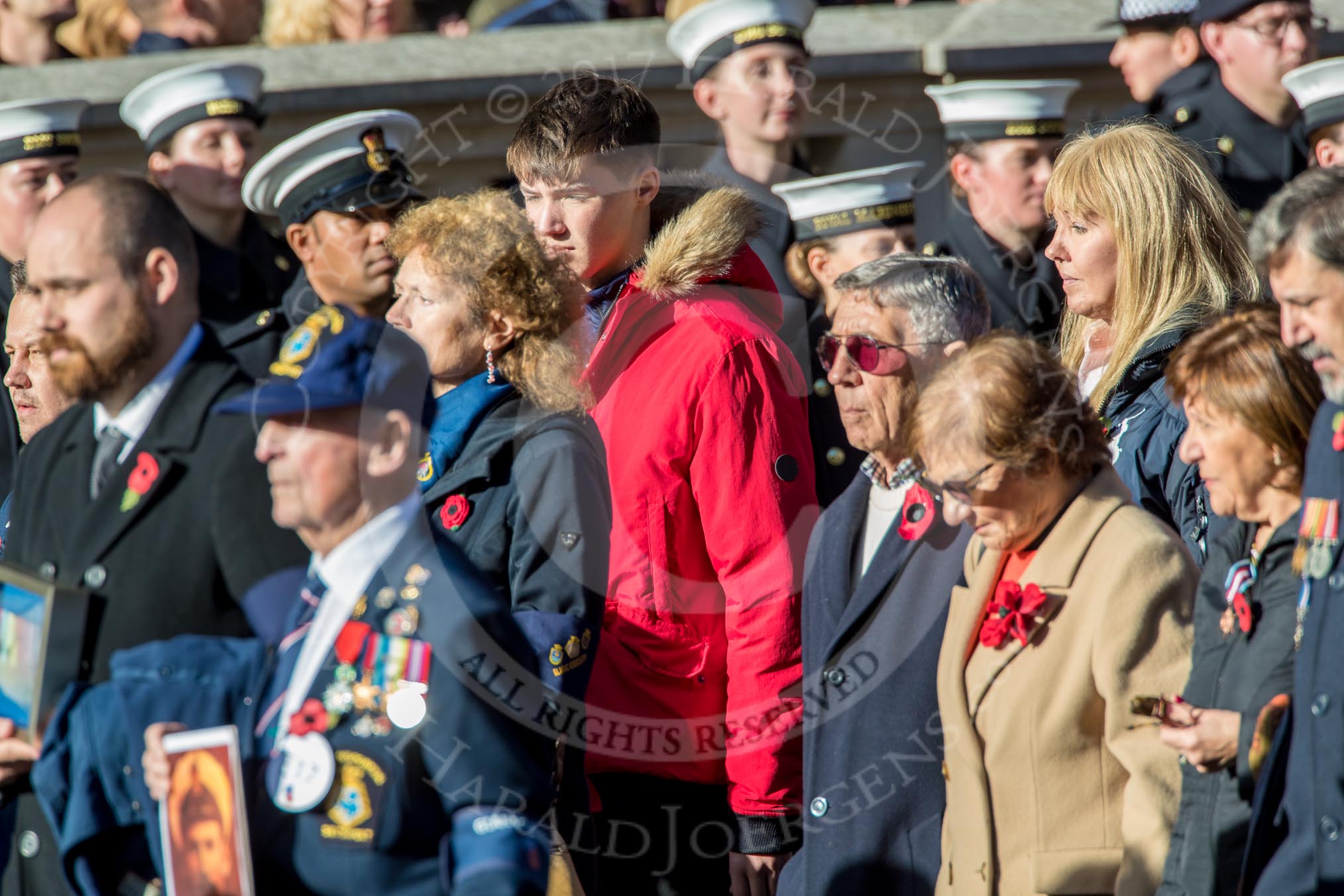 HMS Glorious, Ardent & Acasta Association  (GLARAC) Association (Group E17, 27 members) during the Royal British Legion March Past on Remembrance Sunday at the Cenotaph, Whitehall, Westminster, London, 11 November 2018, 11:43.