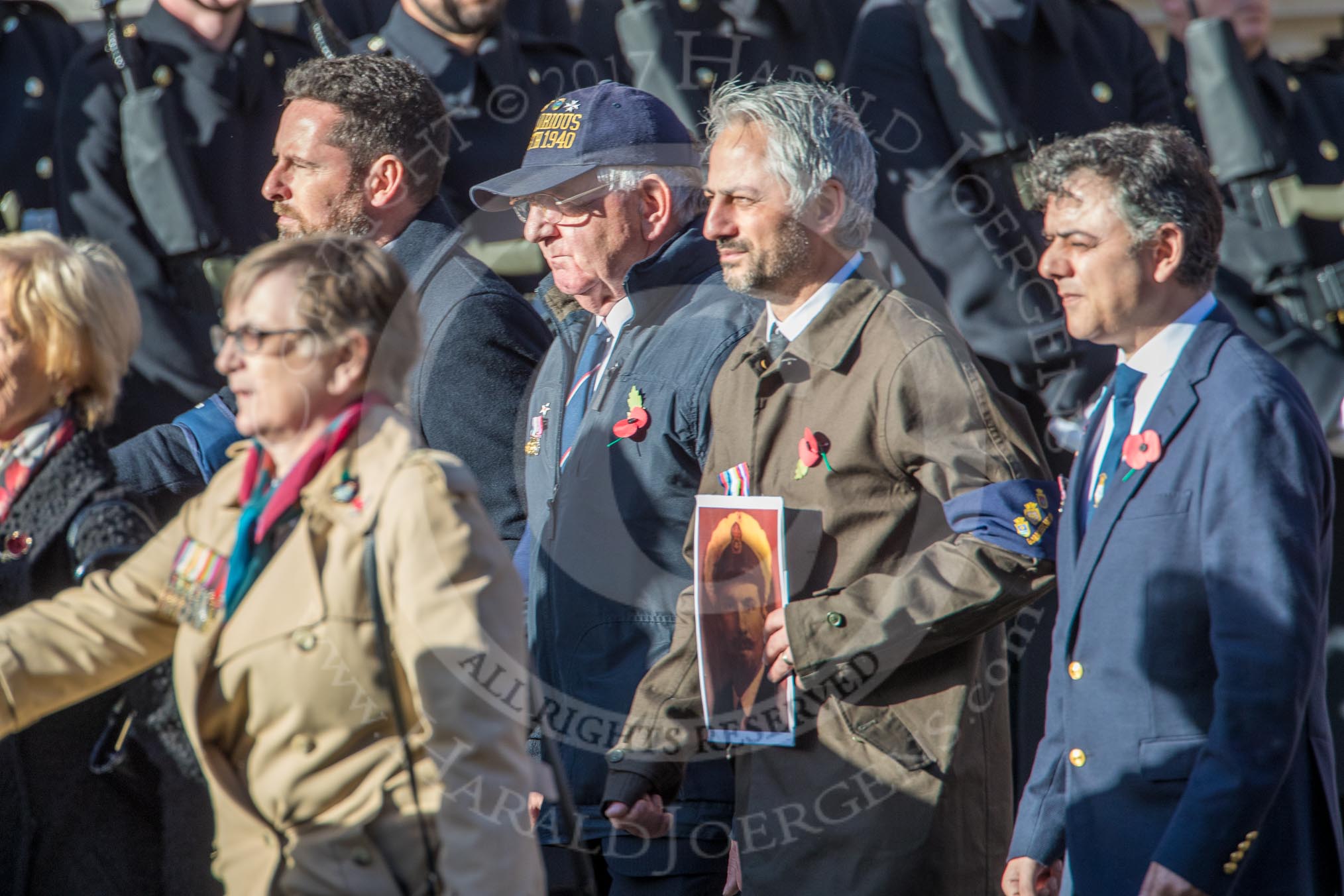 HMS Glorious, Ardent & Acasta Association  (GLARAC) Association (Group E17, 27 members) during the Royal British Legion March Past on Remembrance Sunday at the Cenotaph, Whitehall, Westminster, London, 11 November 2018, 11:43.