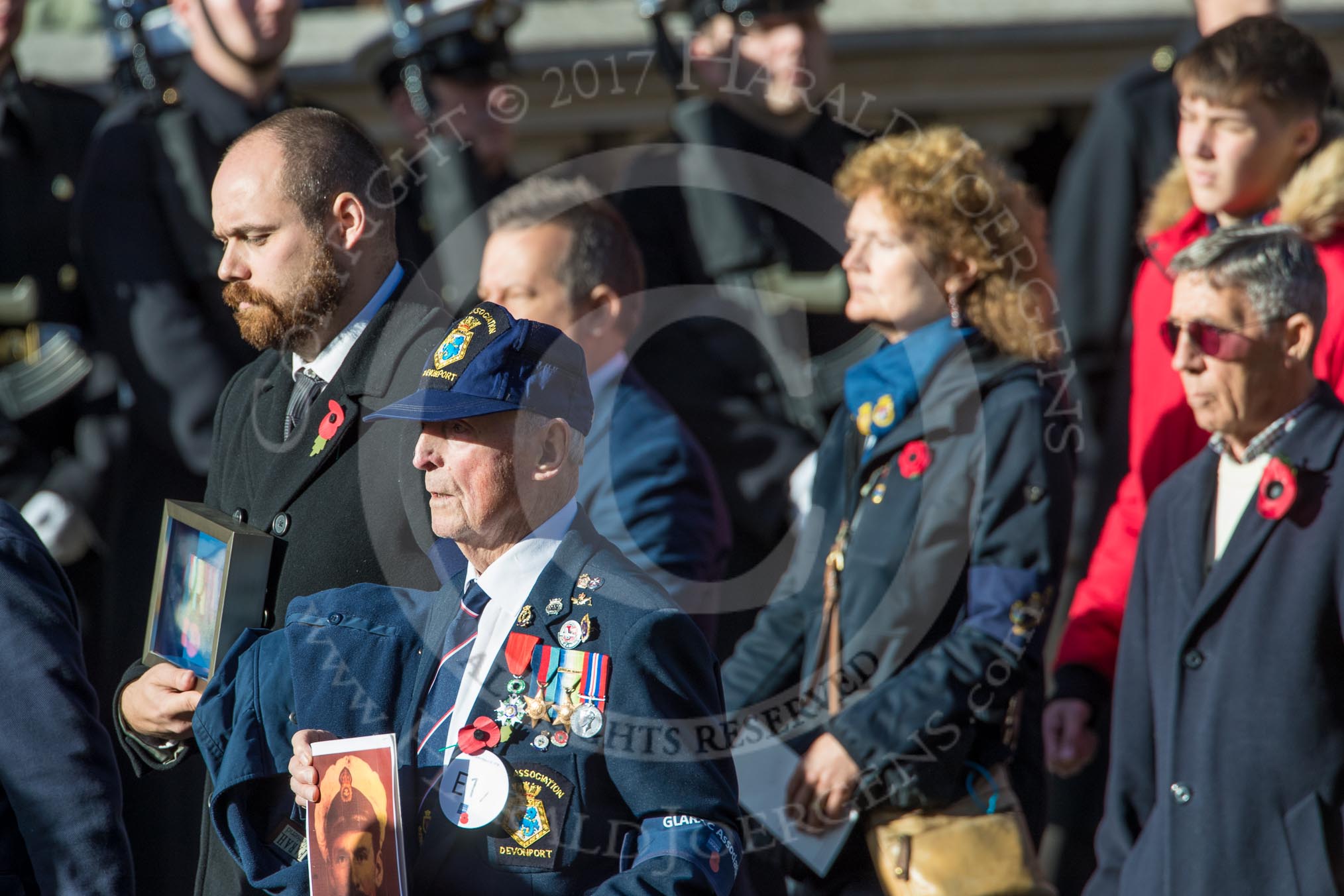 HMS Glorious, Ardent & Acasta Association  (GLARAC) Association (Group E17, 27 members) during the Royal British Legion March Past on Remembrance Sunday at the Cenotaph, Whitehall, Westminster, London, 11 November 2018, 11:43.