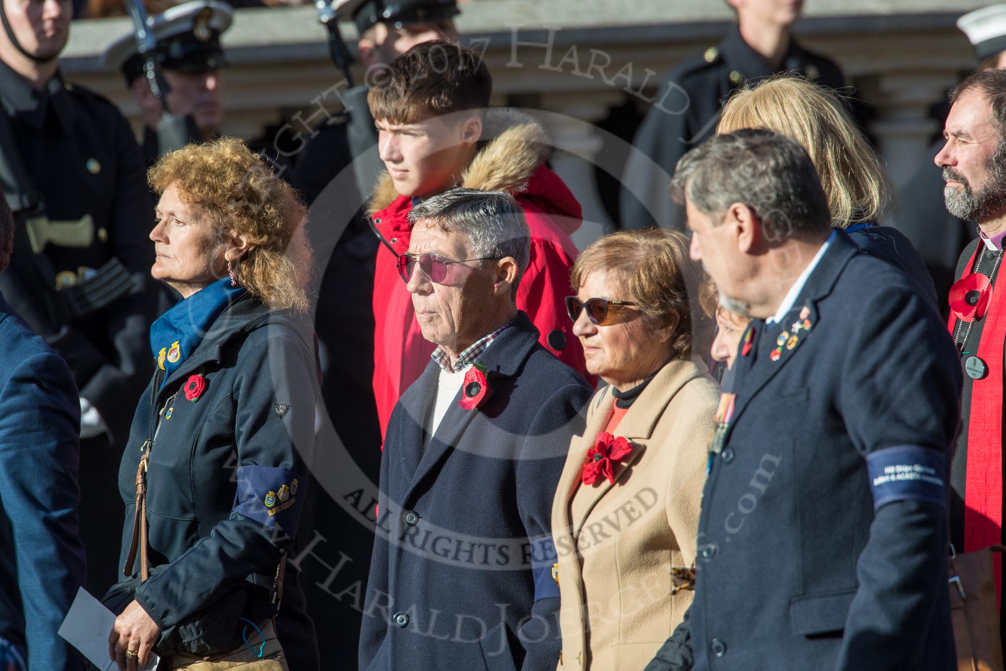 HMS Glorious, Ardent & Acasta Association  (GLARAC) Association (Group E17, 27 members)during the Royal British Legion March Past on Remembrance Sunday at the Cenotaph, Whitehall, Westminster, London, 11 November 2018, 11:43.
