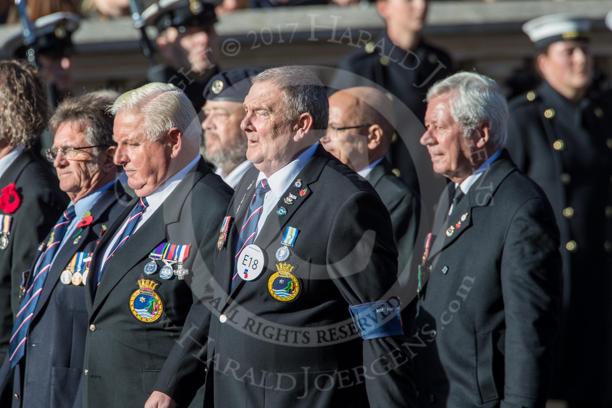 HMS Andromeda Association  (Group E18, 19 members) during the Royal British Legion March Past on Remembrance Sunday at the Cenotaph, Whitehall, Westminster, London, 11 November 2018, 11:43.
