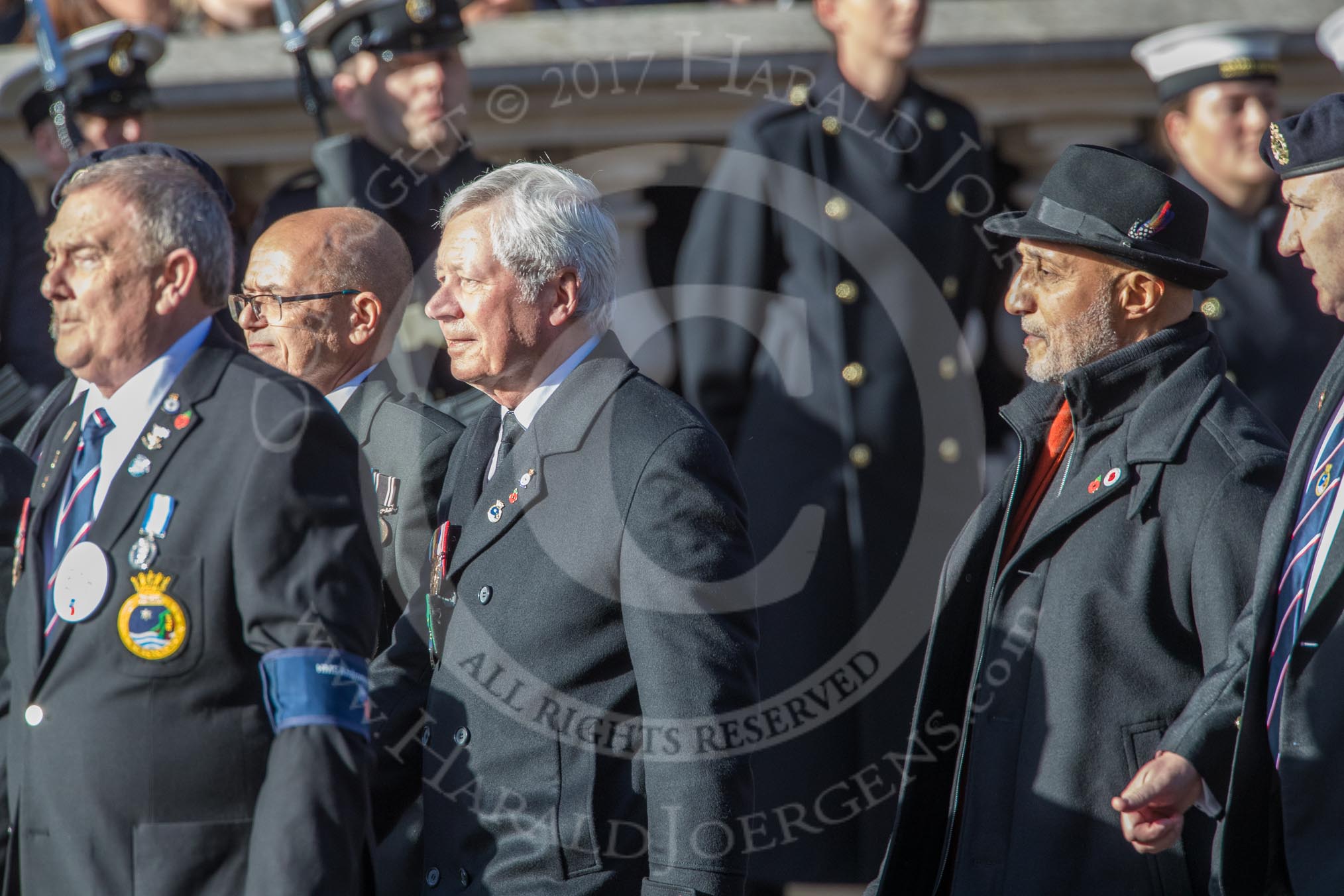HMS Andromeda Association  (Group E18, 19 members) during the Royal British Legion March Past on Remembrance Sunday at the Cenotaph, Whitehall, Westminster, London, 11 November 2018, 11:43.