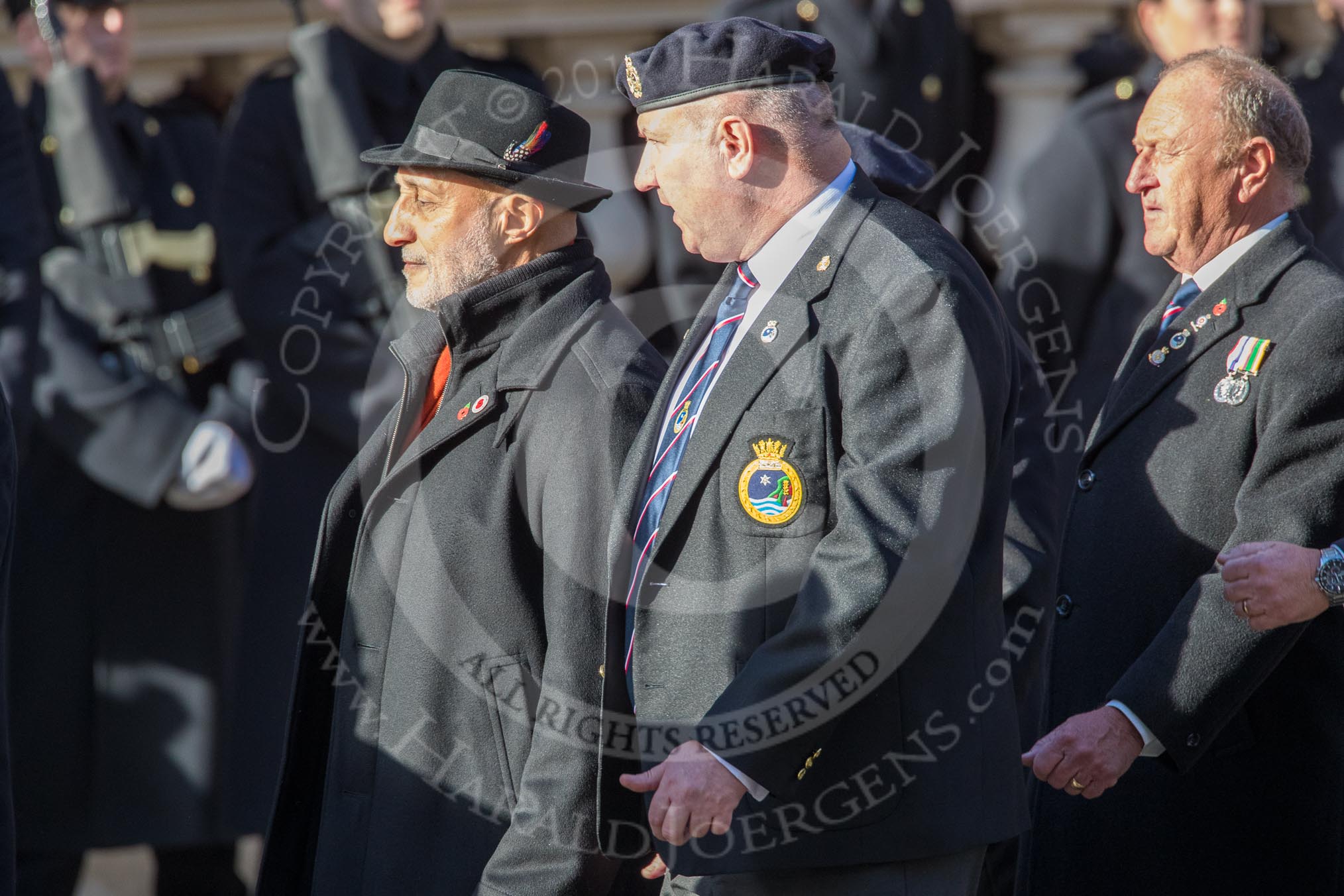 HMS Andromeda Association  (Group E18, 19 members) during the Royal British Legion March Past on Remembrance Sunday at the Cenotaph, Whitehall, Westminster, London, 11 November 2018, 11:43.