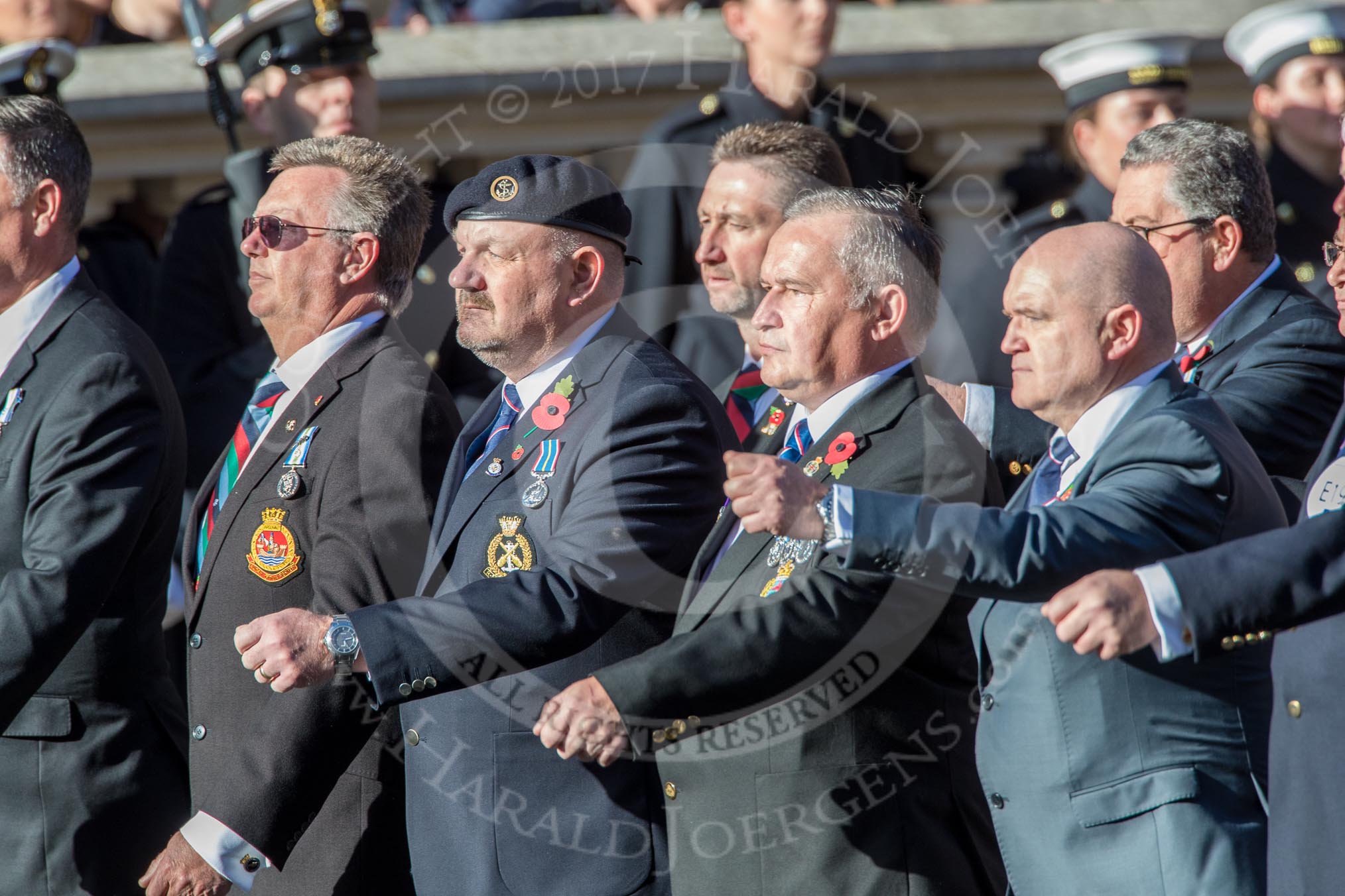 HMS Argonaut Association  (Group E19, 29 members) during the Royal British Legion March Past on Remembrance Sunday at the Cenotaph, Whitehall, Westminster, London, 11 November 2018, 11:44.