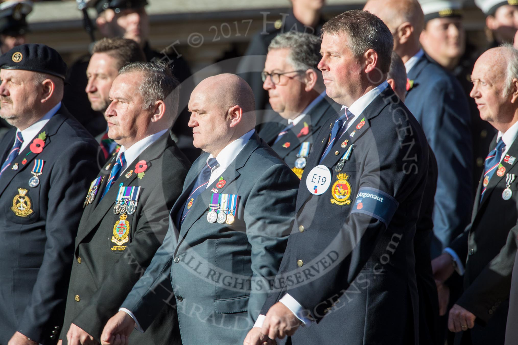 HMS Argonaut Association  (Group E19, 29 members) during the Royal British Legion March Past on Remembrance Sunday at the Cenotaph, Whitehall, Westminster, London, 11 November 2018, 11:44.